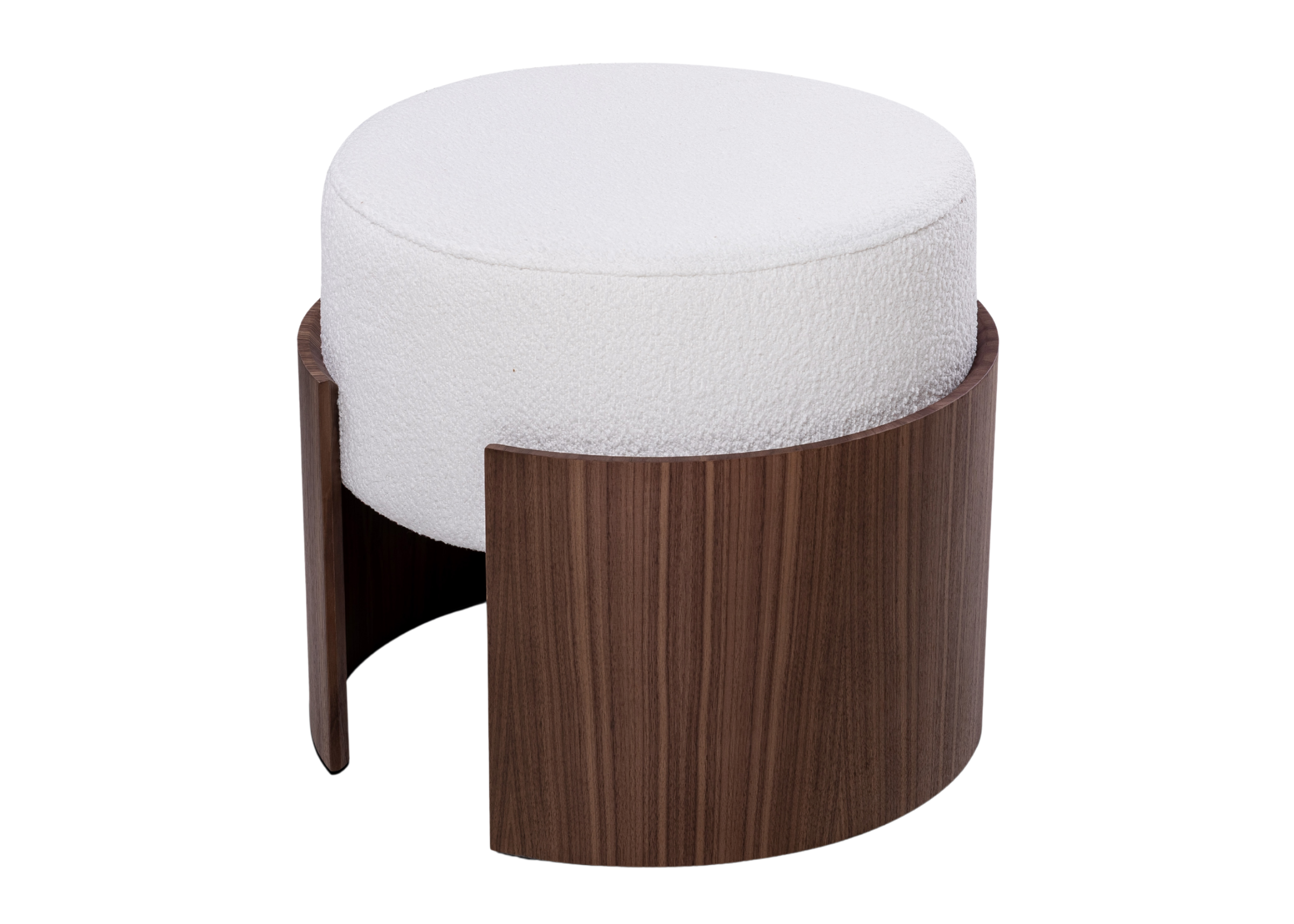 Puff Adria redondo com estrutura em madeira e acabamento refinado, peça elegante para quartos, closets e salas contemporâneas.