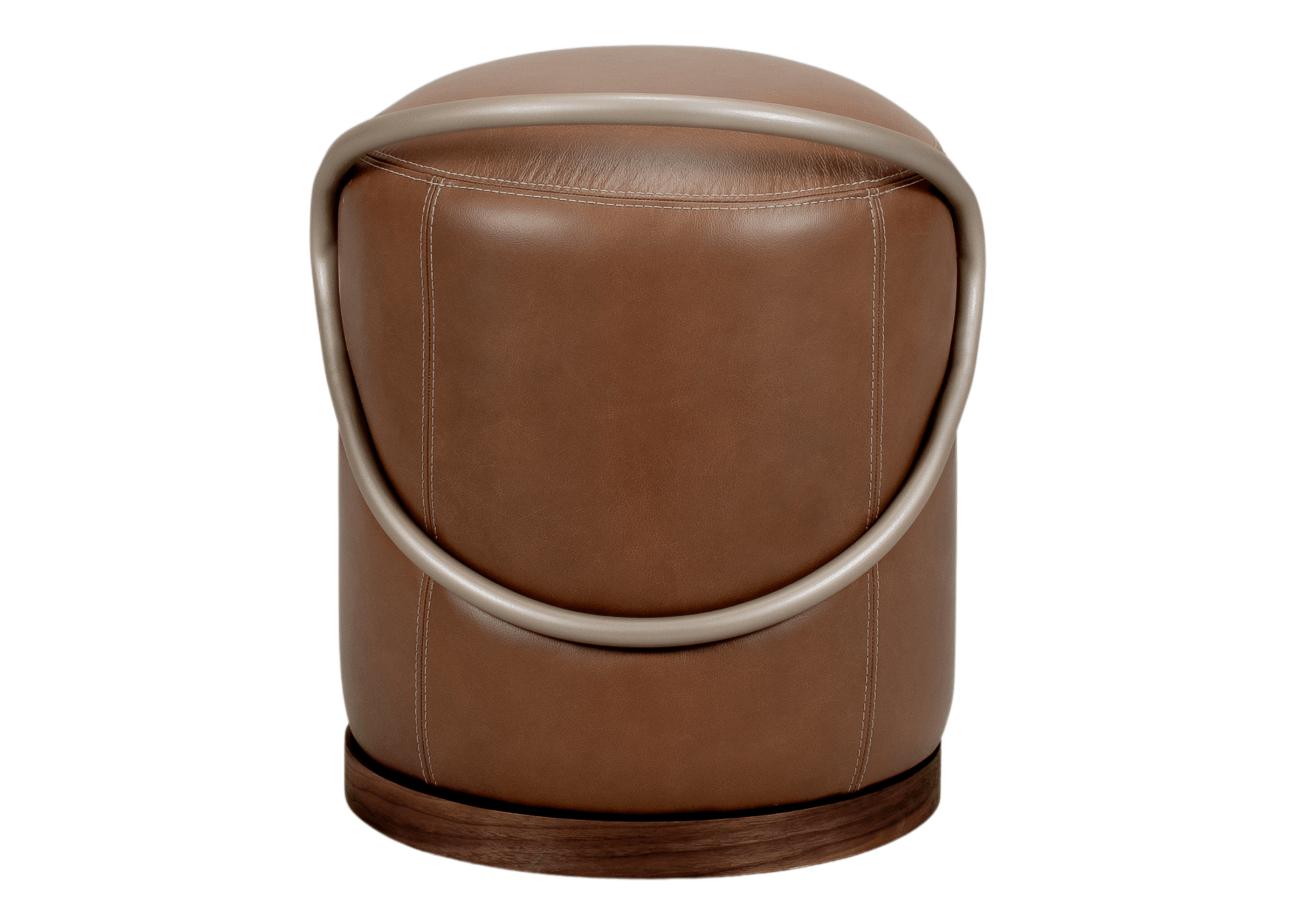 Puff Giratório Liam com estrutura cilíndrica estofada, alça metálica em aço carbono e base em lâmina de madeira escura.