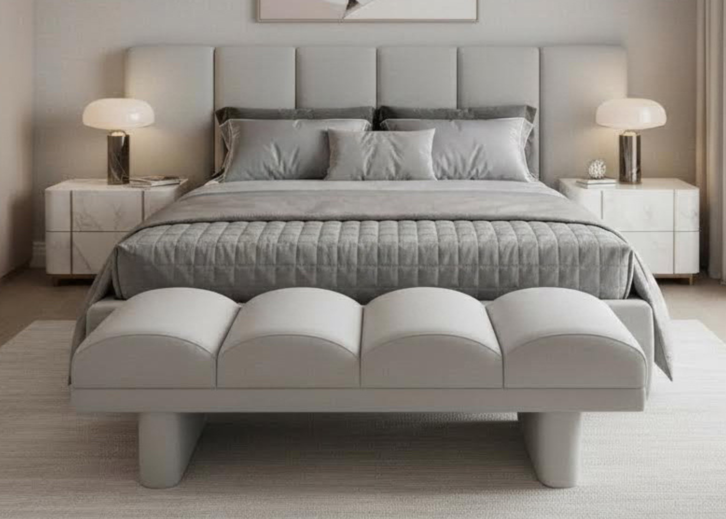 Recamier Ninho com assento estofado em módulos arredondados, acabamento refinado e visual moderno para ambientes elegantes.
