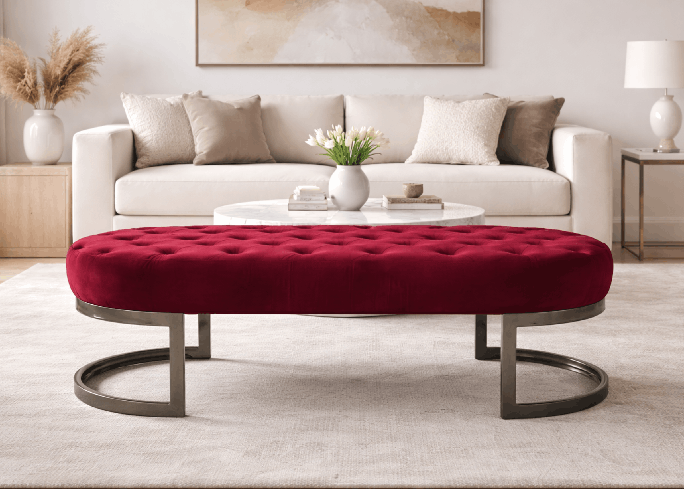 Recamier Vegas decorando sala com sofá claro, estofado capitonê em veludo e base em inox elegante