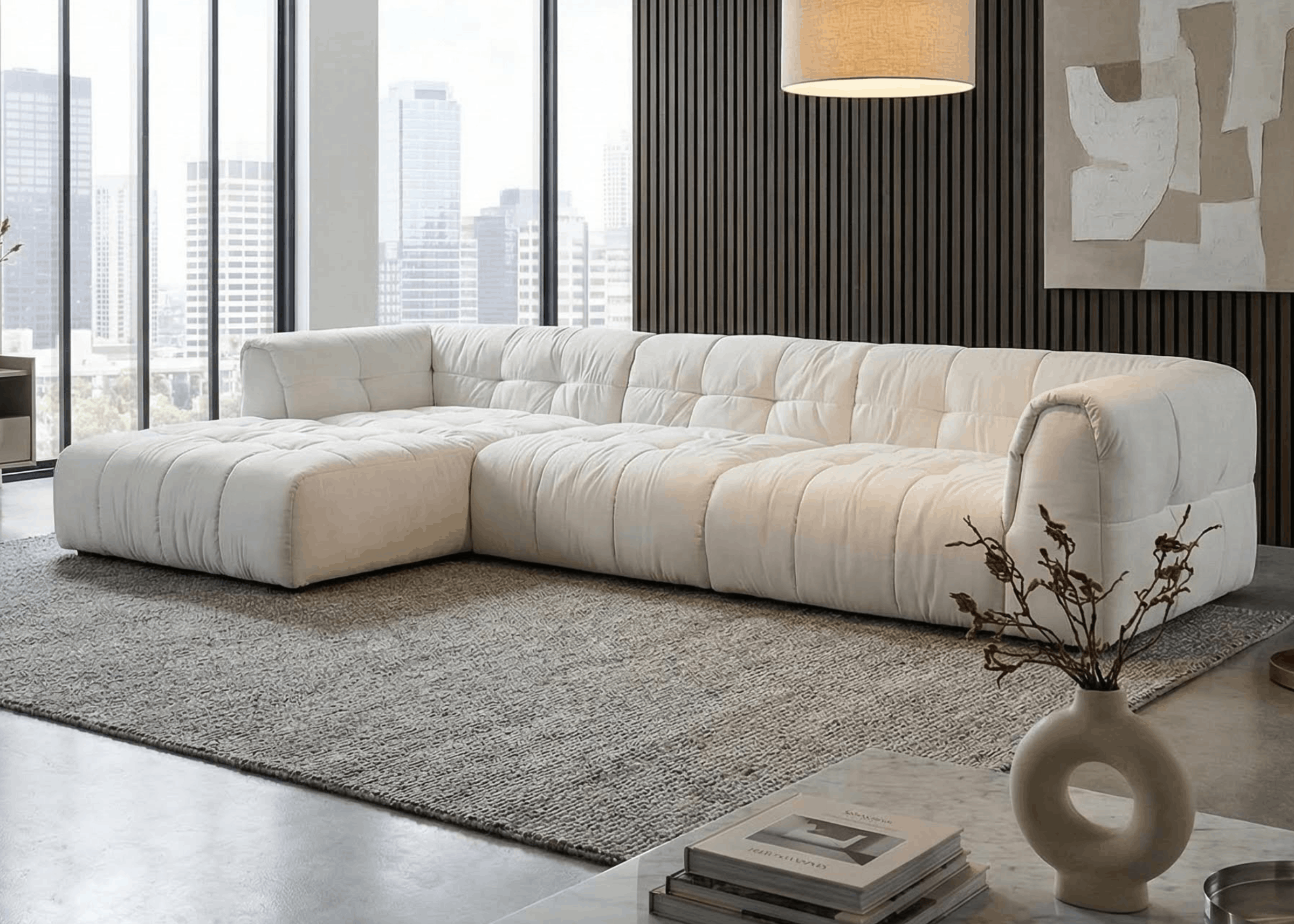 Sofá Bento II com estofamento volumoso e toque macio, destaque para o design contemporâneo e elegante.