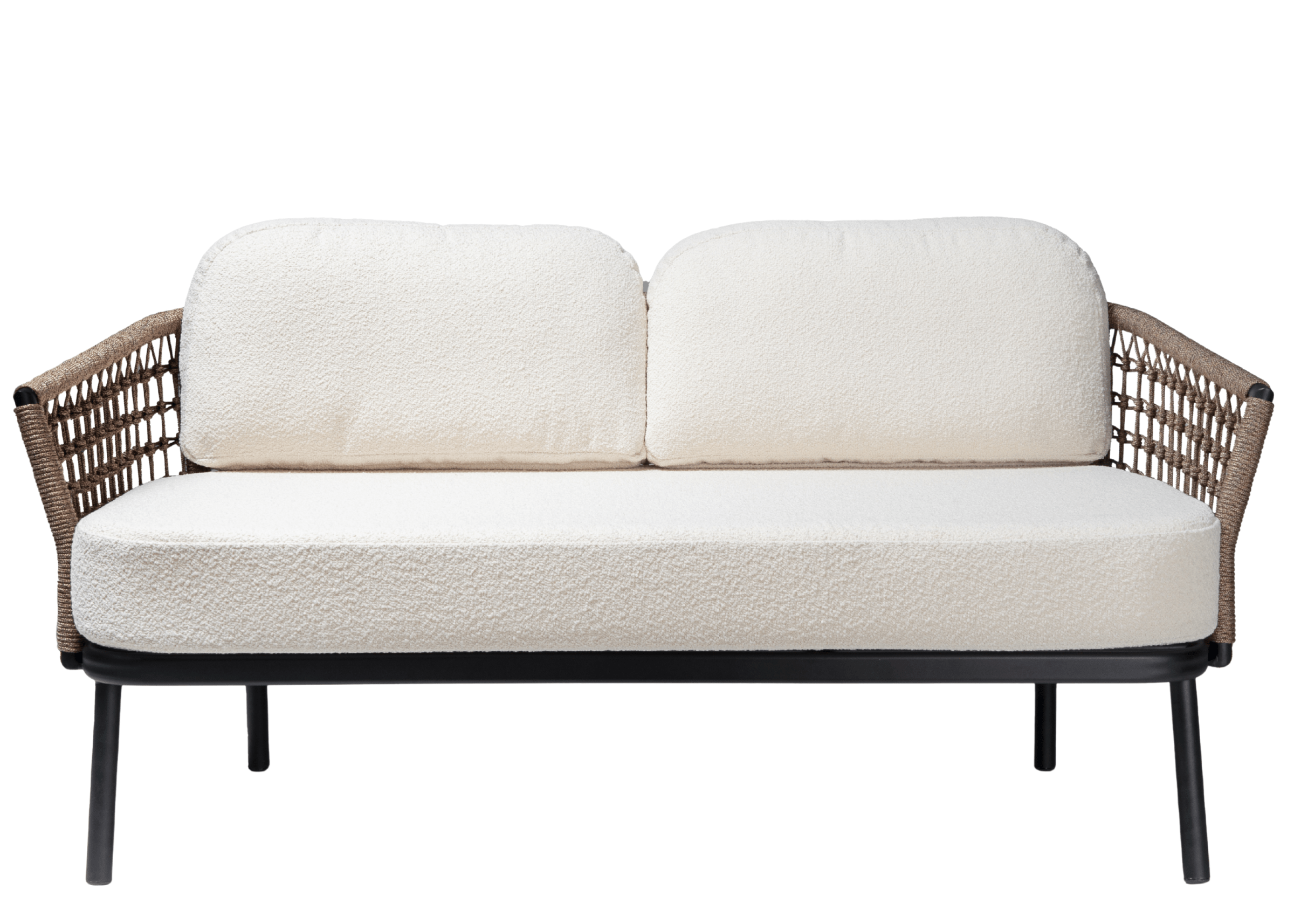 Sofá Essence com estofado branco, estrutura em corda náutica e detalhe da trama em corda náutica no braço