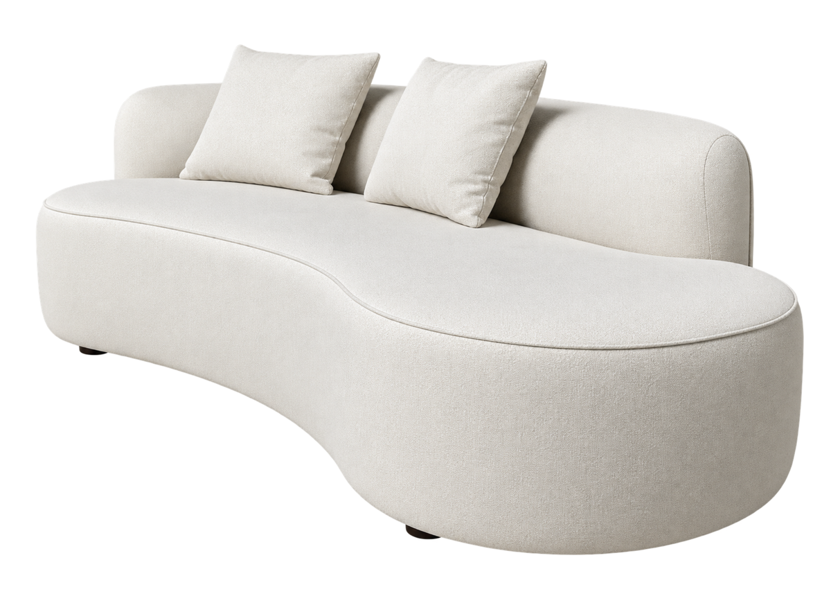 Sofá Heron com encosto curvo e almofadas soltas em tecido bege, unindo conforto e elegância no design.