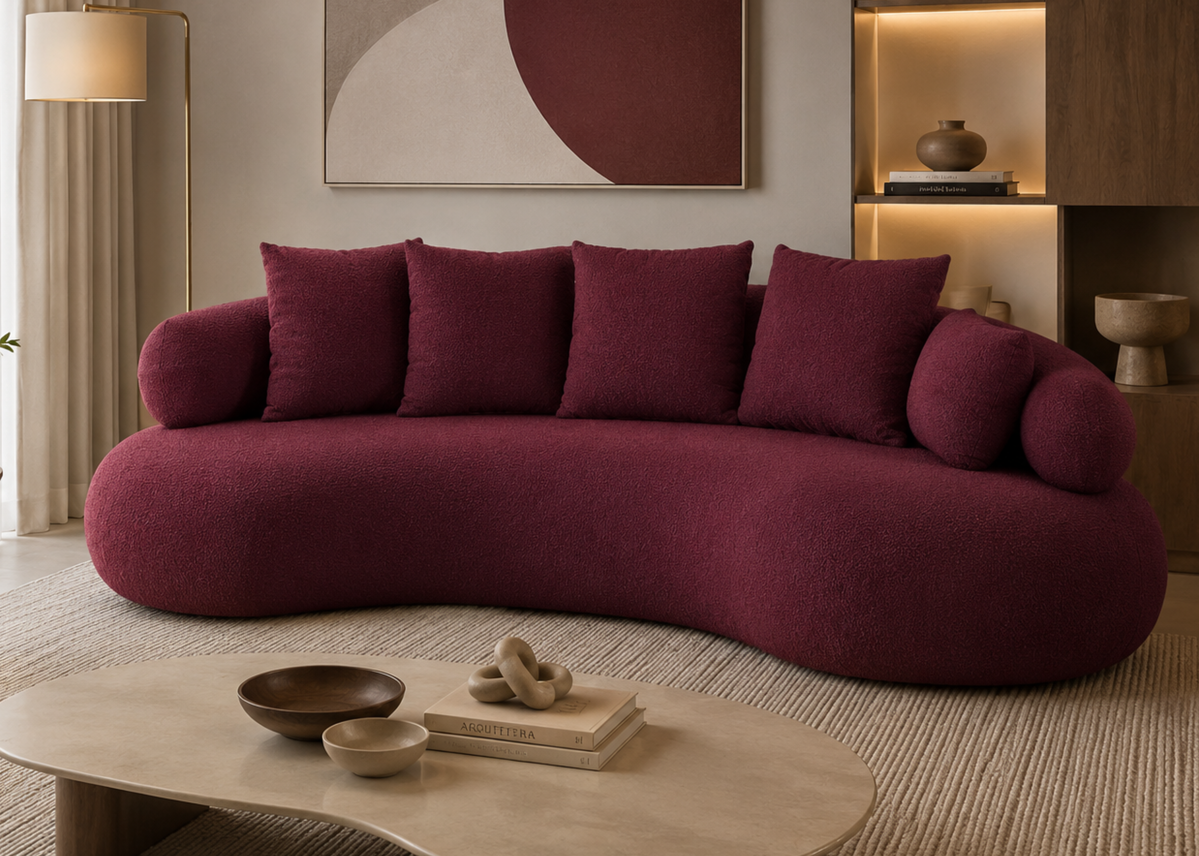 Sofá Lana estofado com curvas fluidas, revestimento em tecido e acabamento refinado, unindo conforto e elegância contemporânea.