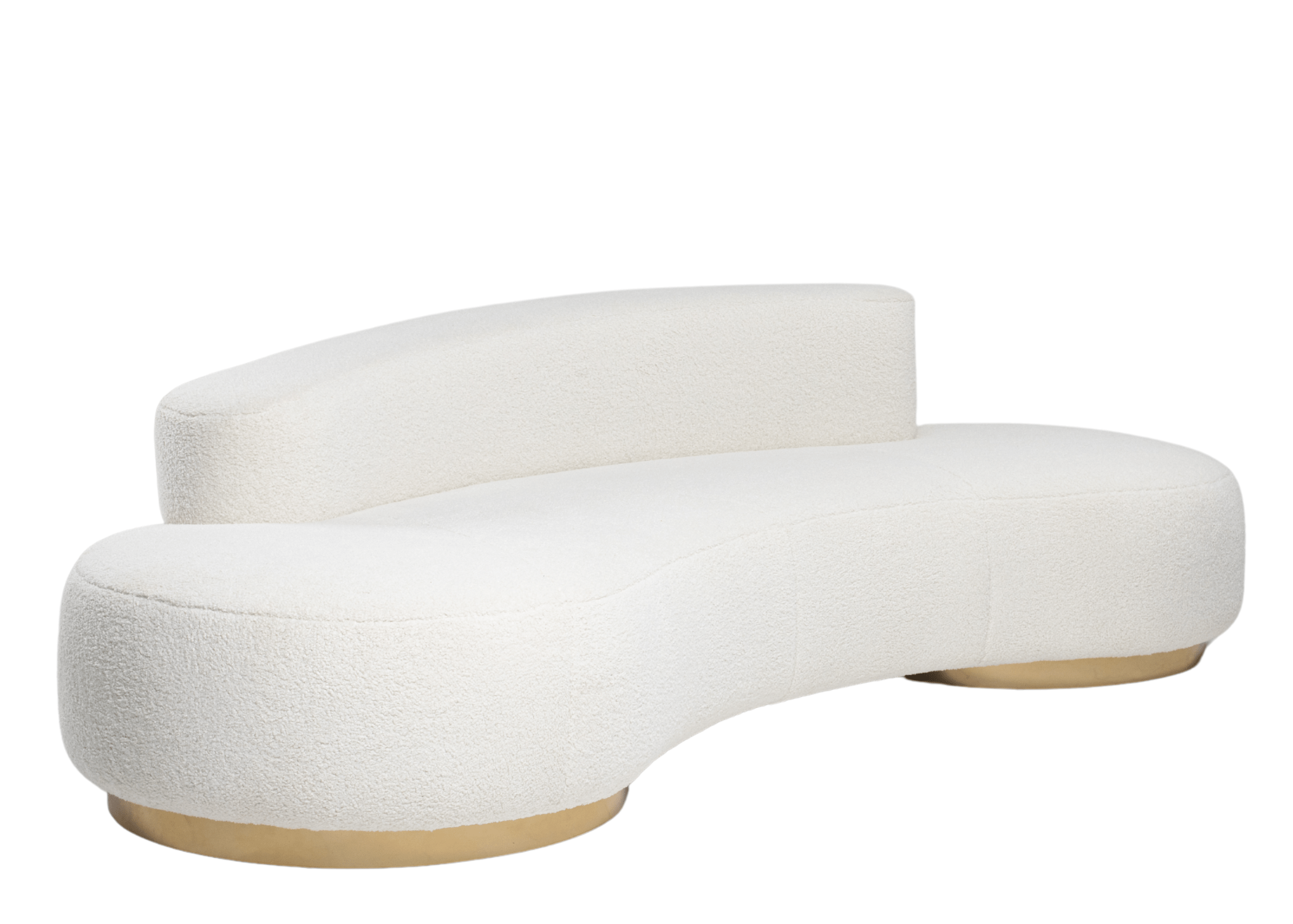 Sofá Évora curvo com estofado em bouclé e base em aço inox.