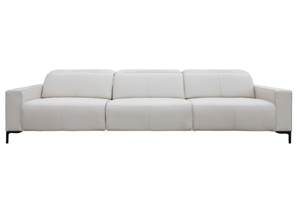 Sofá em couro natural com sistema automatizado, vista frontal sobre fundo neutro. Móvel contemporâneo para decoração de sala de estar sofisticada e funcional.