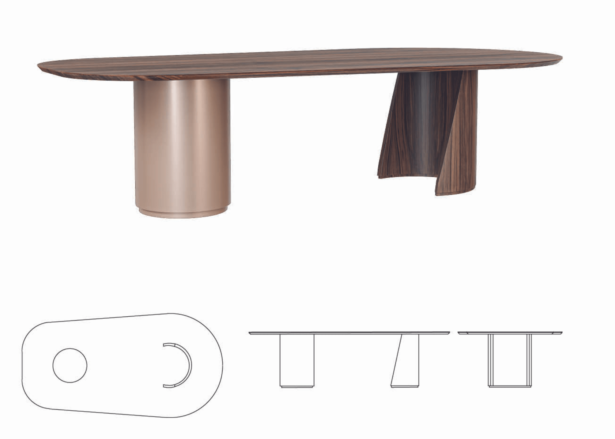Detalhe do tampo oblongo da Mesa de Jantar Solar.