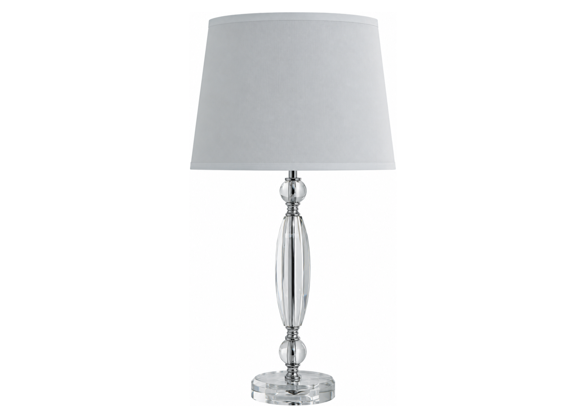 Abajur 4010 com base em cristal e cúpula em tecido branco, apresentando design elegante e sofisticado, ideal para compor ambientes modernos e refinados.