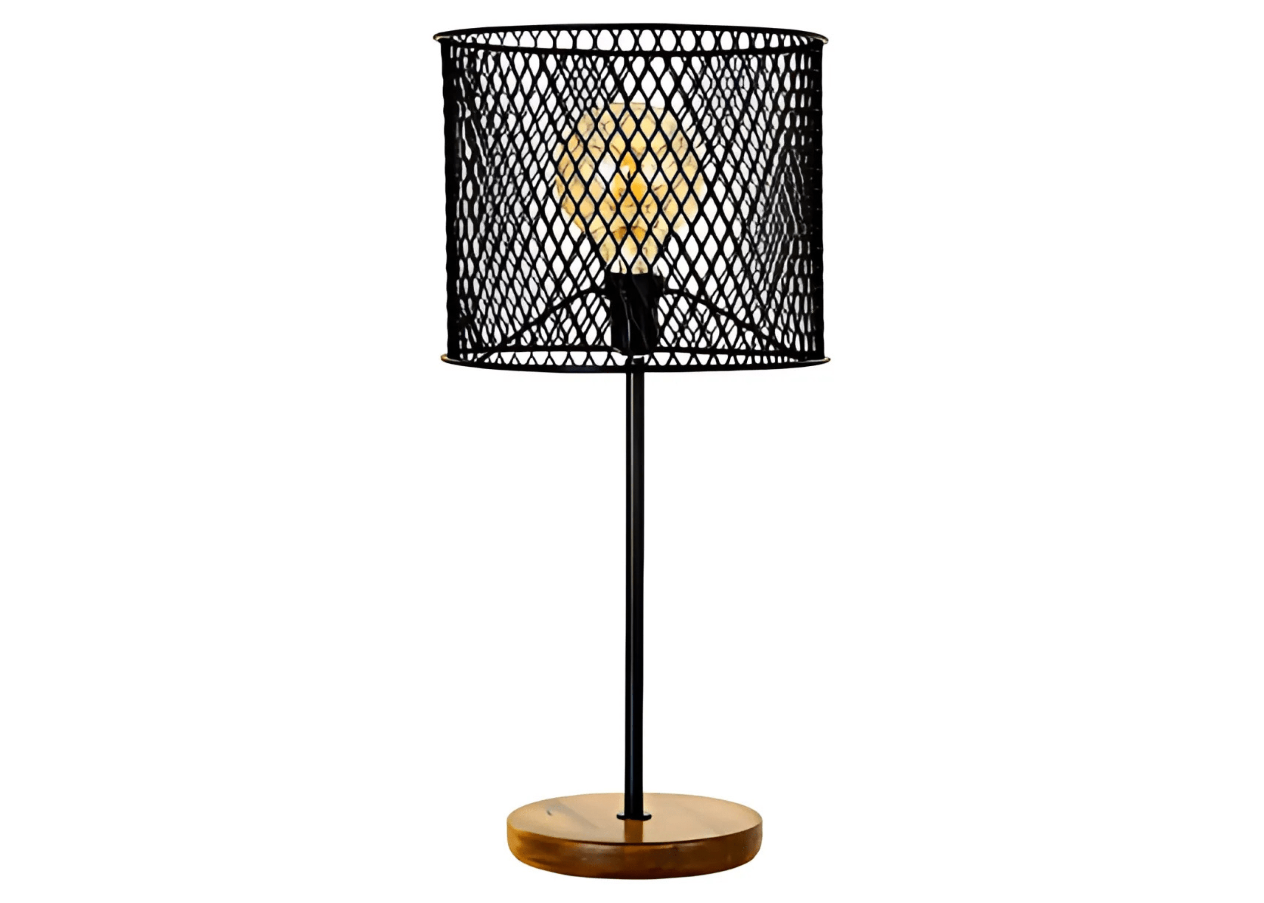 Abajur de mesa com base em madeira e corpo em alumínio preto, ideal para quartos modernos e aconchegantes.
