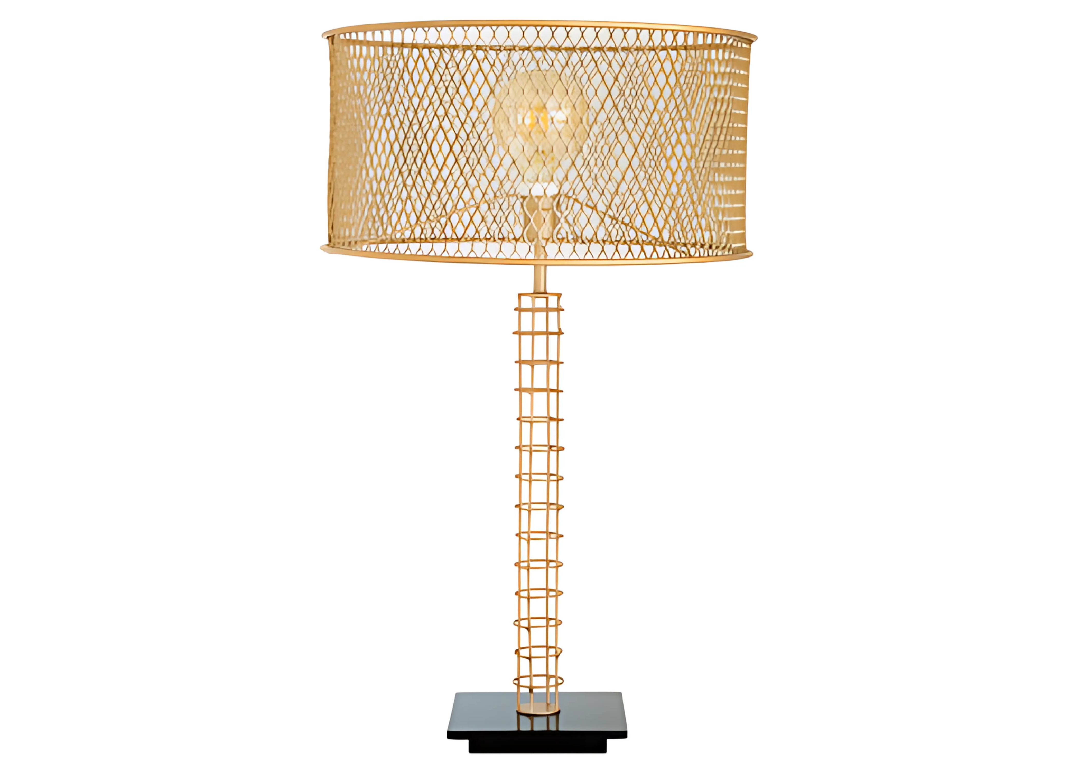 Abajur de mesa dourado, com design moderno, perfeito para quartos elegantes e contemporâneos.
