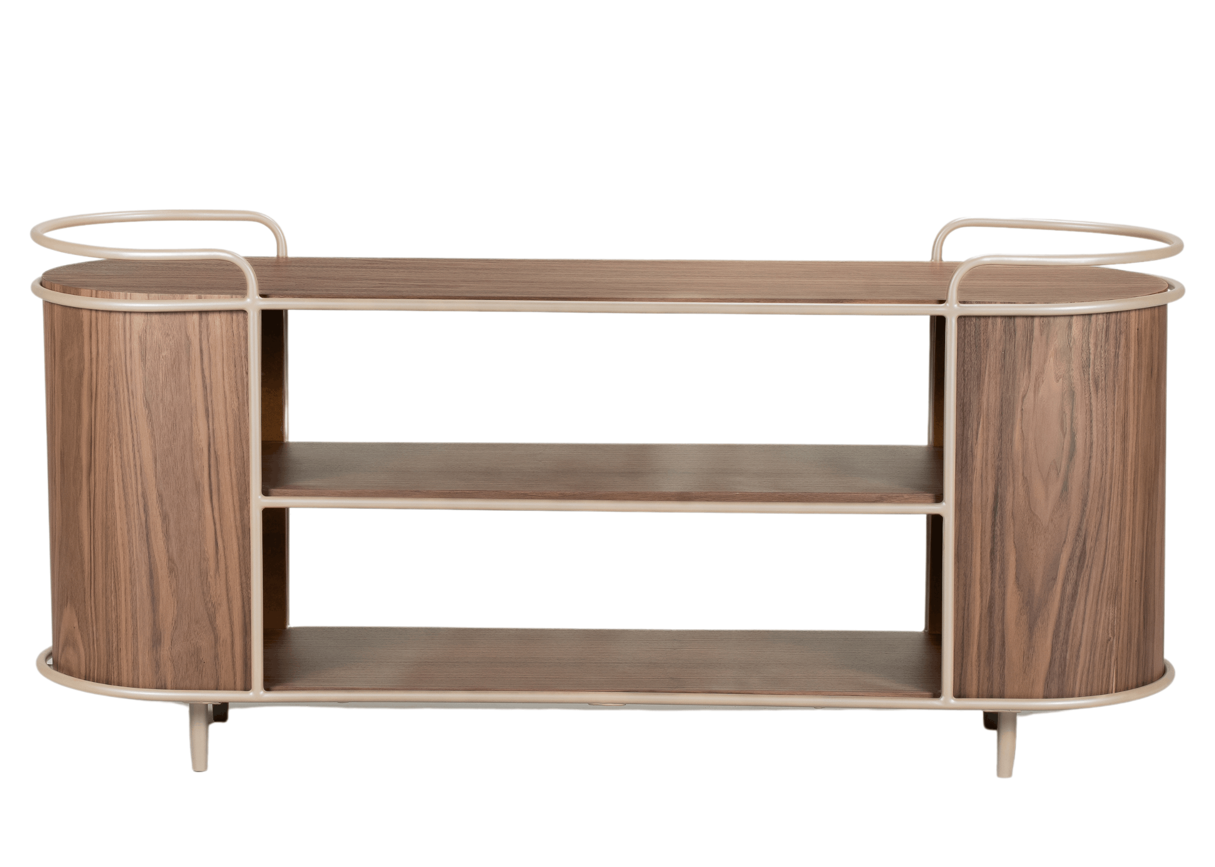 Aparador Breno em madeira com estrutura metálica tubular clara, design moderno com cantos arredondados e prateleiras abertas.