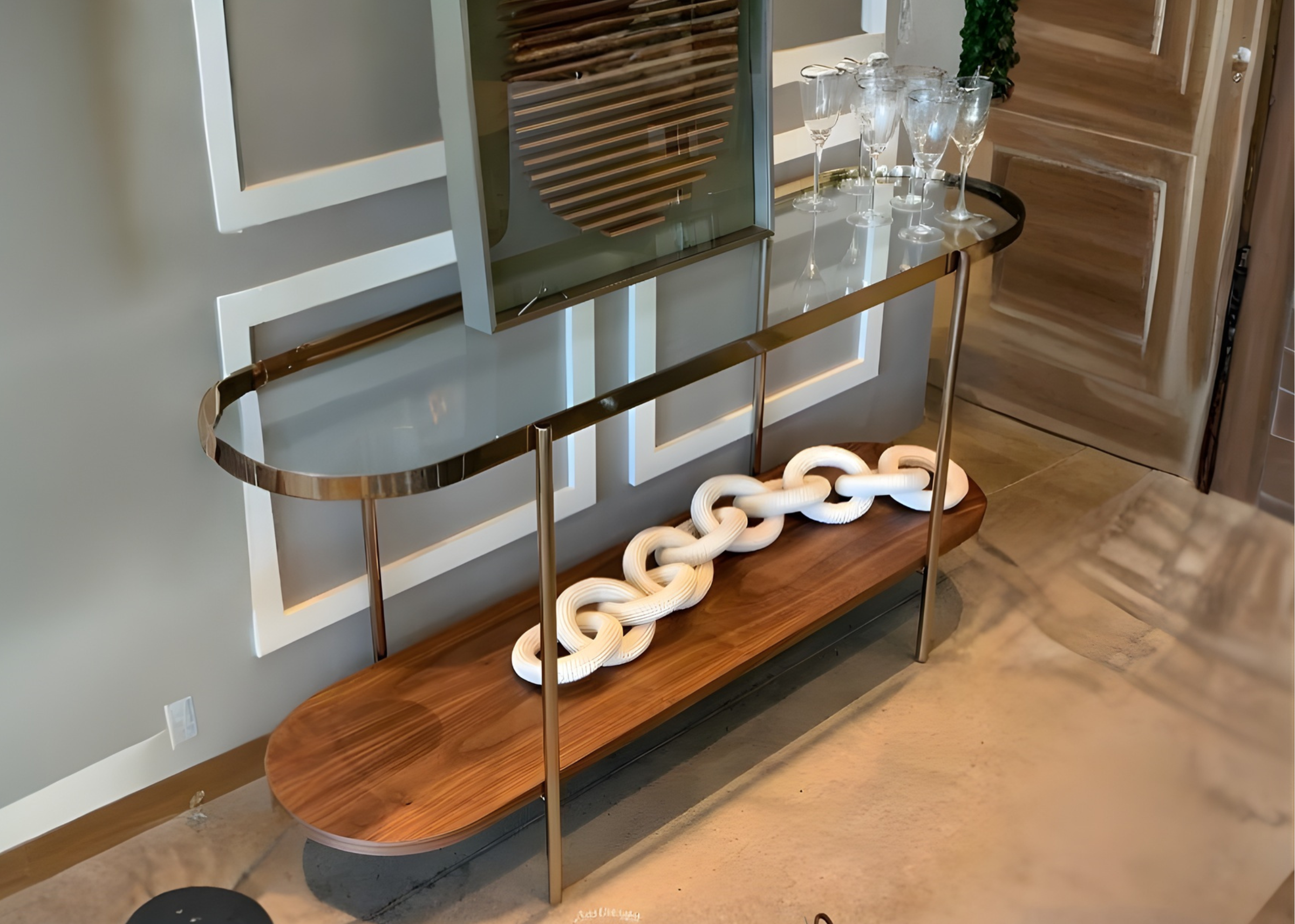 Aparador Calla com tampo de vidro transparente, perfeito para compor uma decoração elegante e contemporânea.
