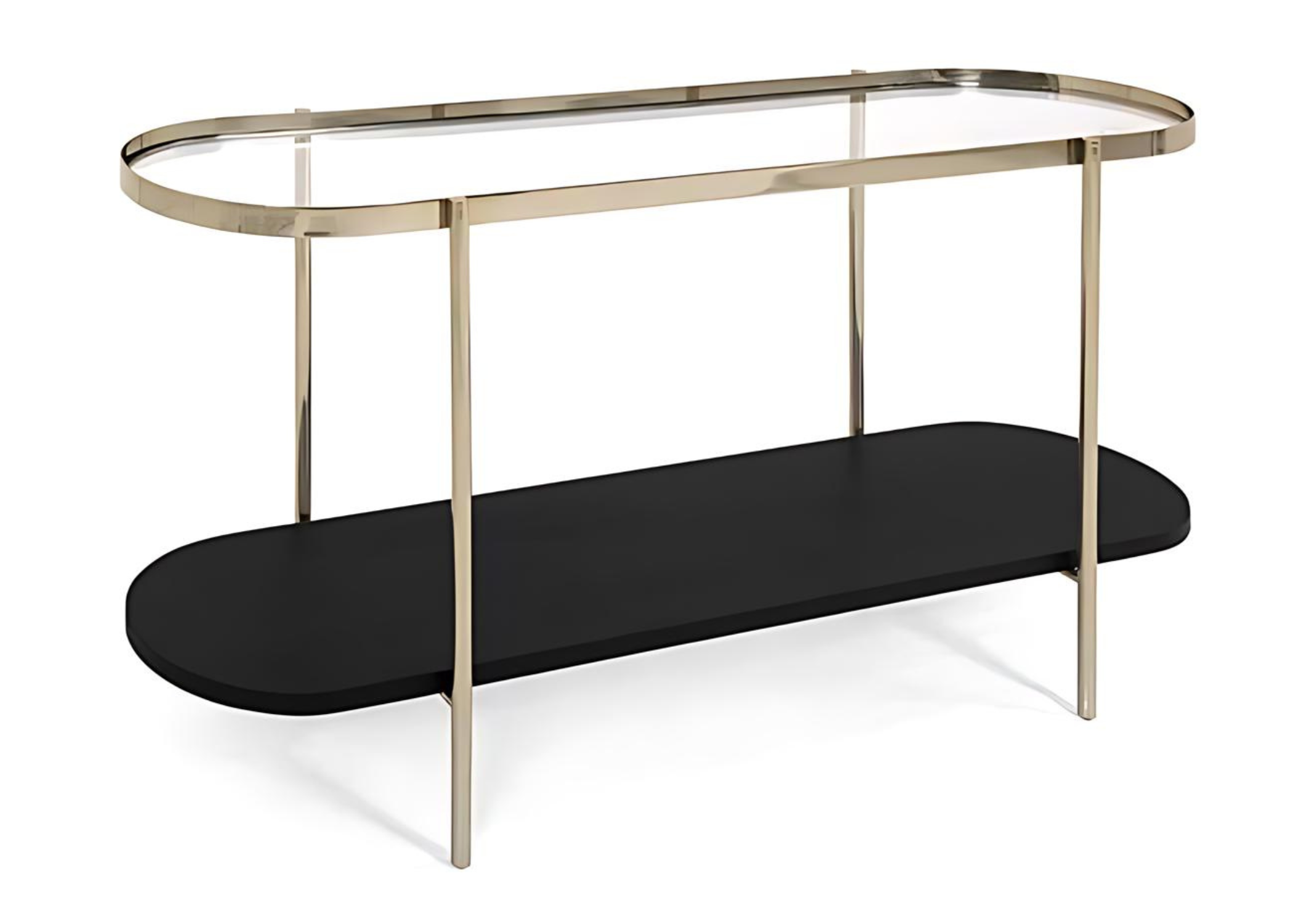 Aparador Calla com pernas em metal e laterais curvas, exibindo tampos em vidro e madeira tingida para um toque de sofisticação no ambiente.