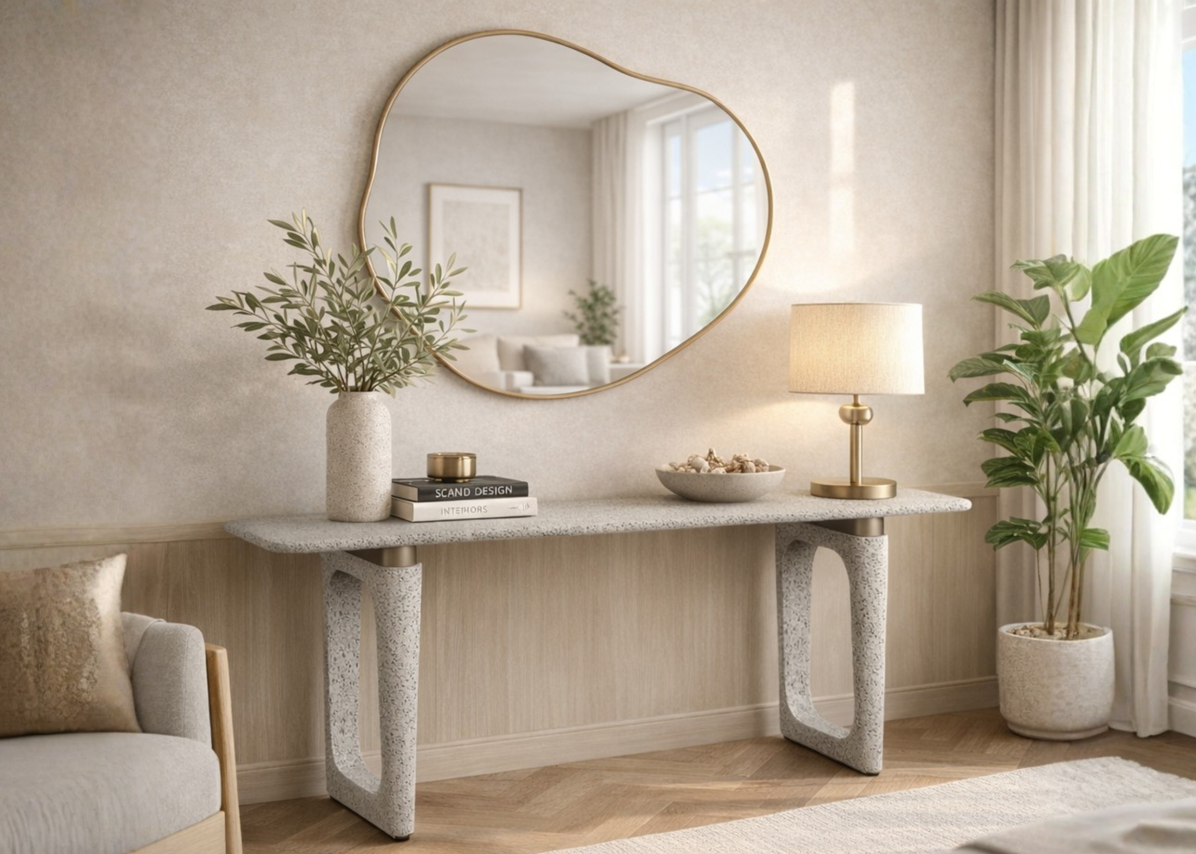 Aparador Coquetelo em sala com decoração sofisticada, apresentando design elegante e acabamento refinado, ideal para compor ambientes modernos e impecáveis.