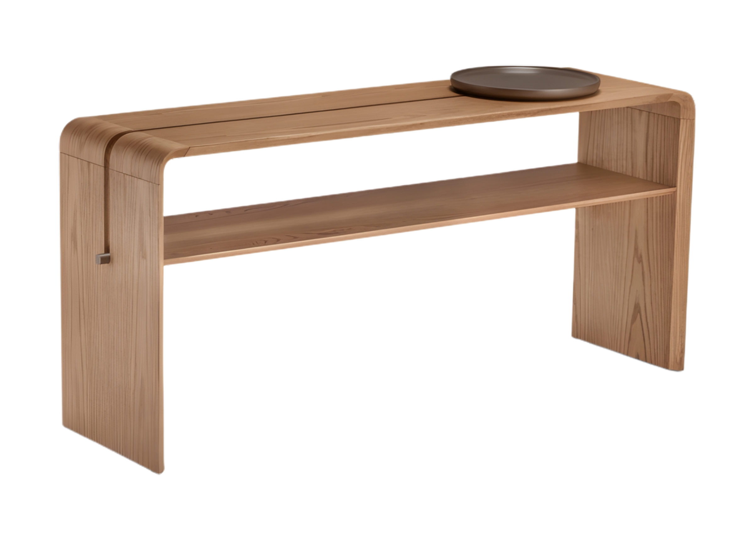 Aparador modelo Flow com acabamento em lâmina de carvalho e detalhe em laca metalizada, design moderno e elegante, ideal para salas de estar sofisticadas.