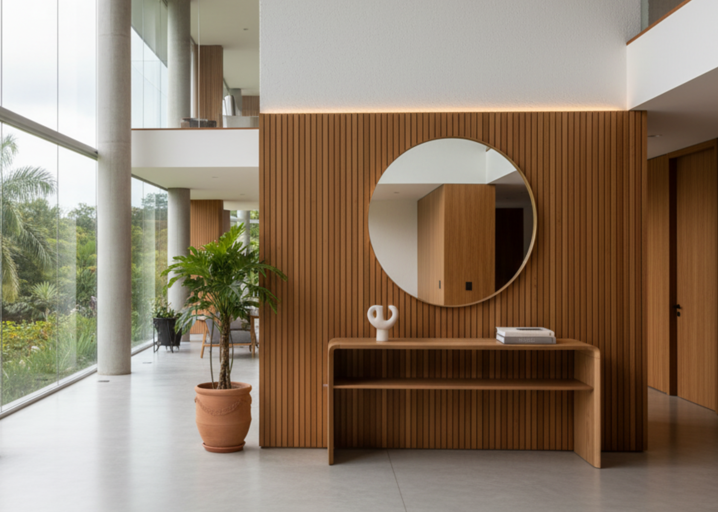 Aparador de sala modelo Flow com acabamento laminado em carvalho, design moderno e sofisticado, ideal para compor ambientes elegantes.