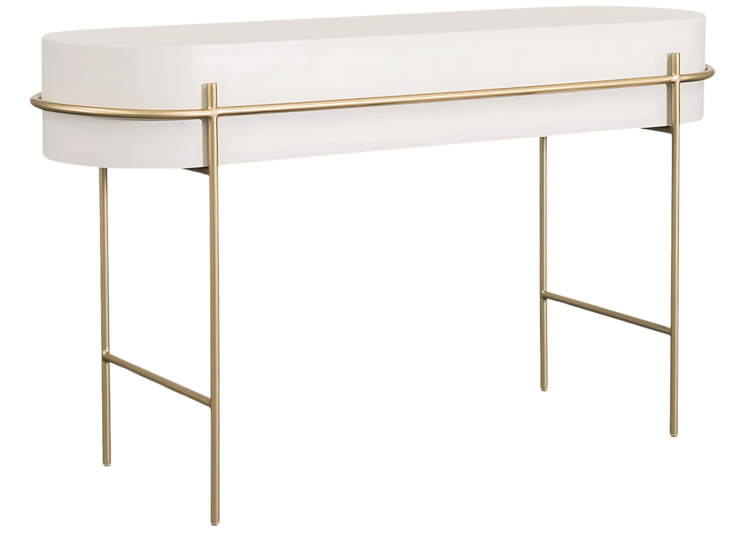 Aparador de design Donatello com gaveta central e acabamento em laca fosca branca. Estrutura dourada ideal para ambientes elegantes.