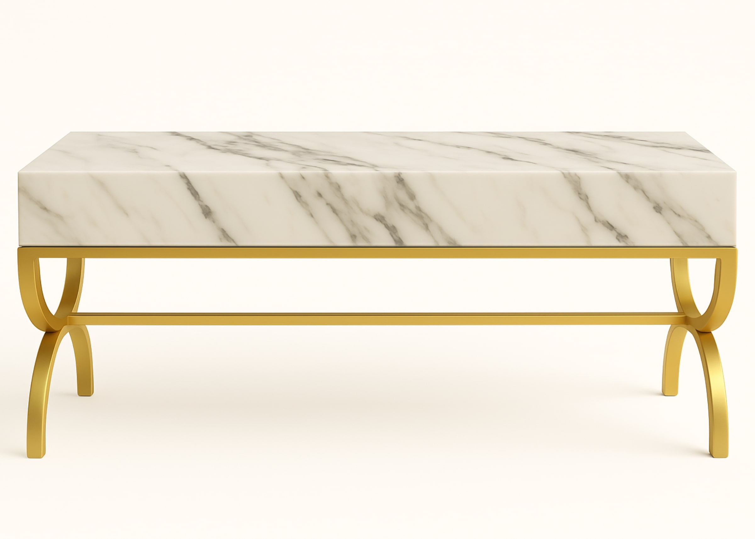 Aparador dourado com tampo marmorizado Calacata. Design contemporâneo e elegante para salas de estar ou halls de entrada.