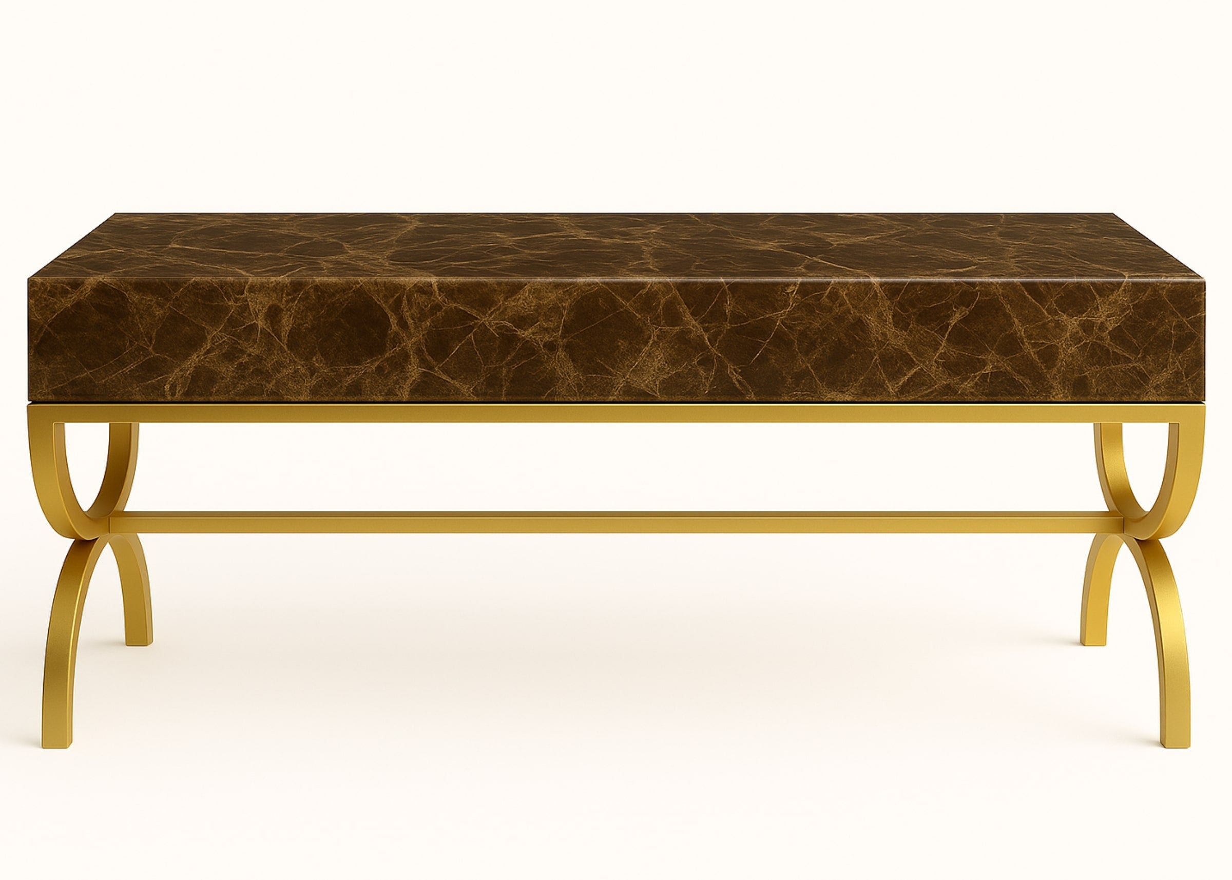 Aparador dourado de luxo com base em aço inox e tampo em vidro marmorizado Bronze Armani. Ideal para salas sofisticadas.