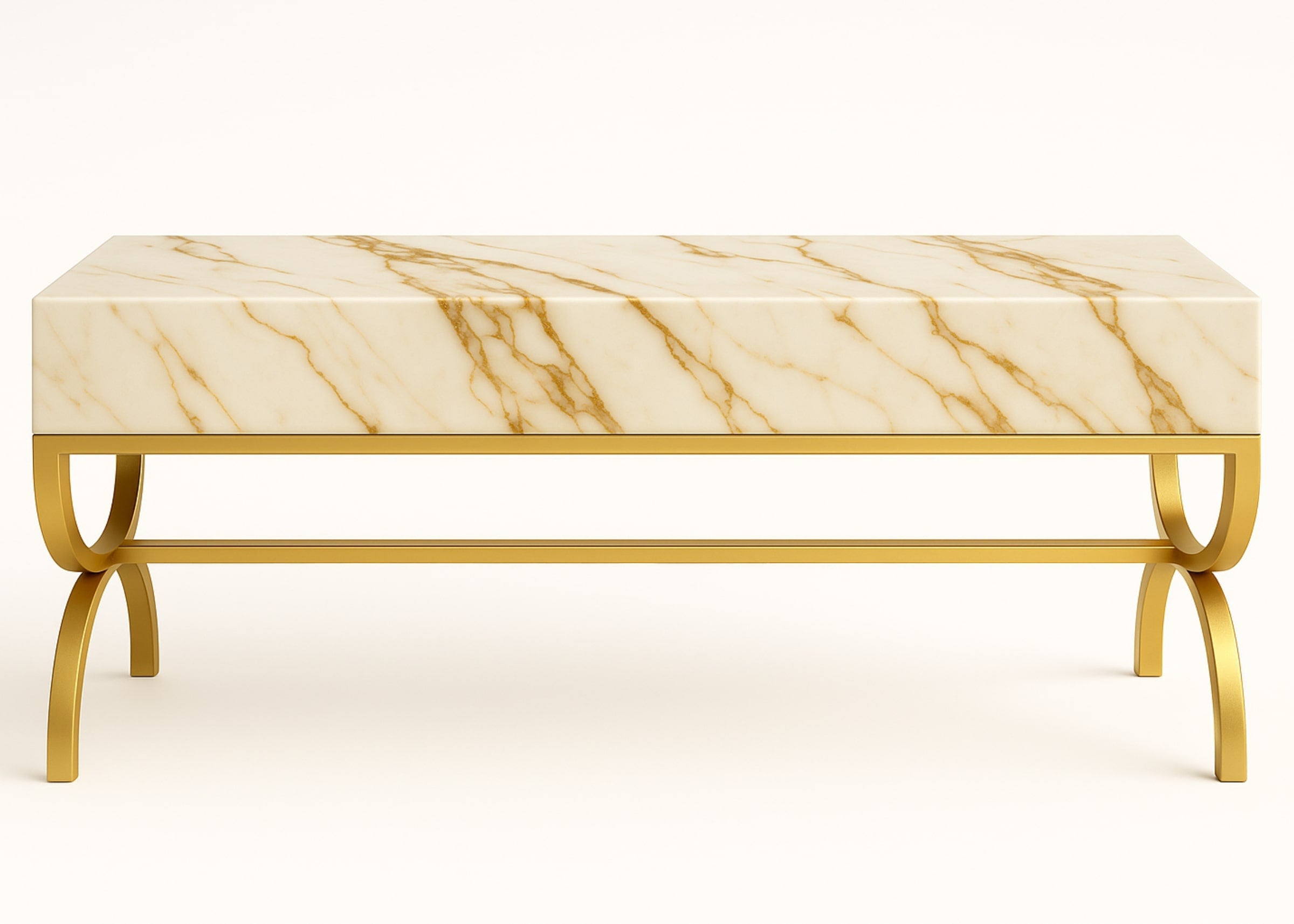 Aparador dourado moderno com tampo Calacata e veios dourados. Estrutura em aço inox, perfeito para ambientes luxuosos.