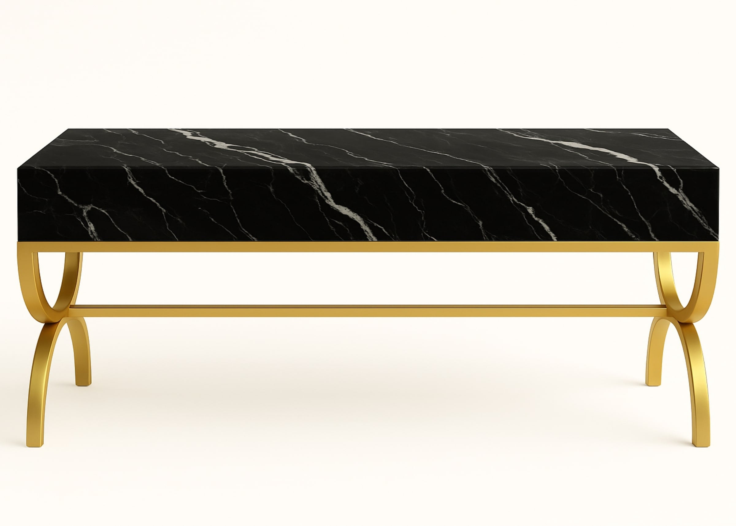 Aparador dourado com tampo em vidro marmorizado Nero. Estilo marcante e moderno para salas sofisticadas.