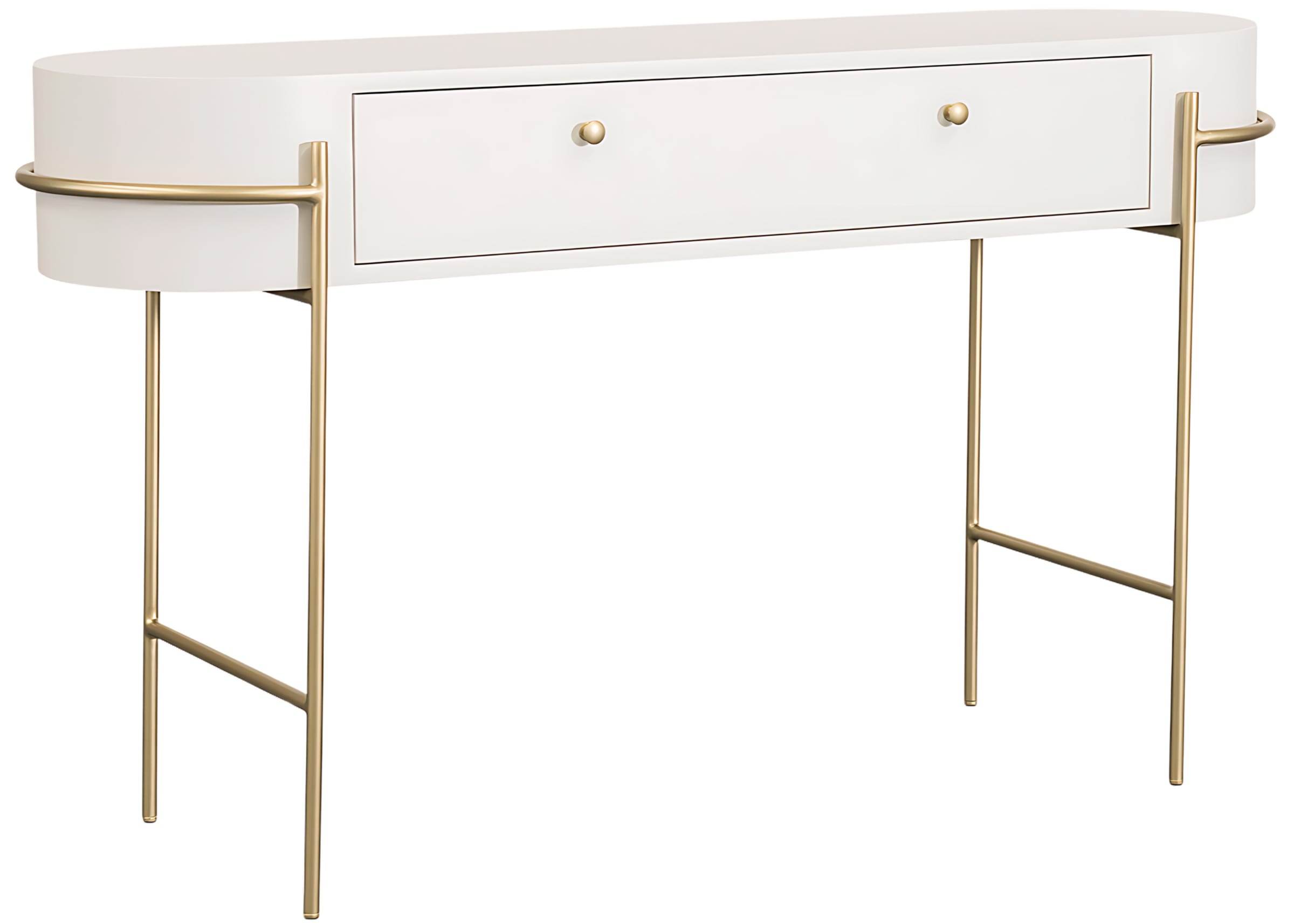 Aparador Donatello branco em laca fosca com estrutura metálica dourada, visto em ângulo lateral. Aparador sofisticado para decoração contemporânea.