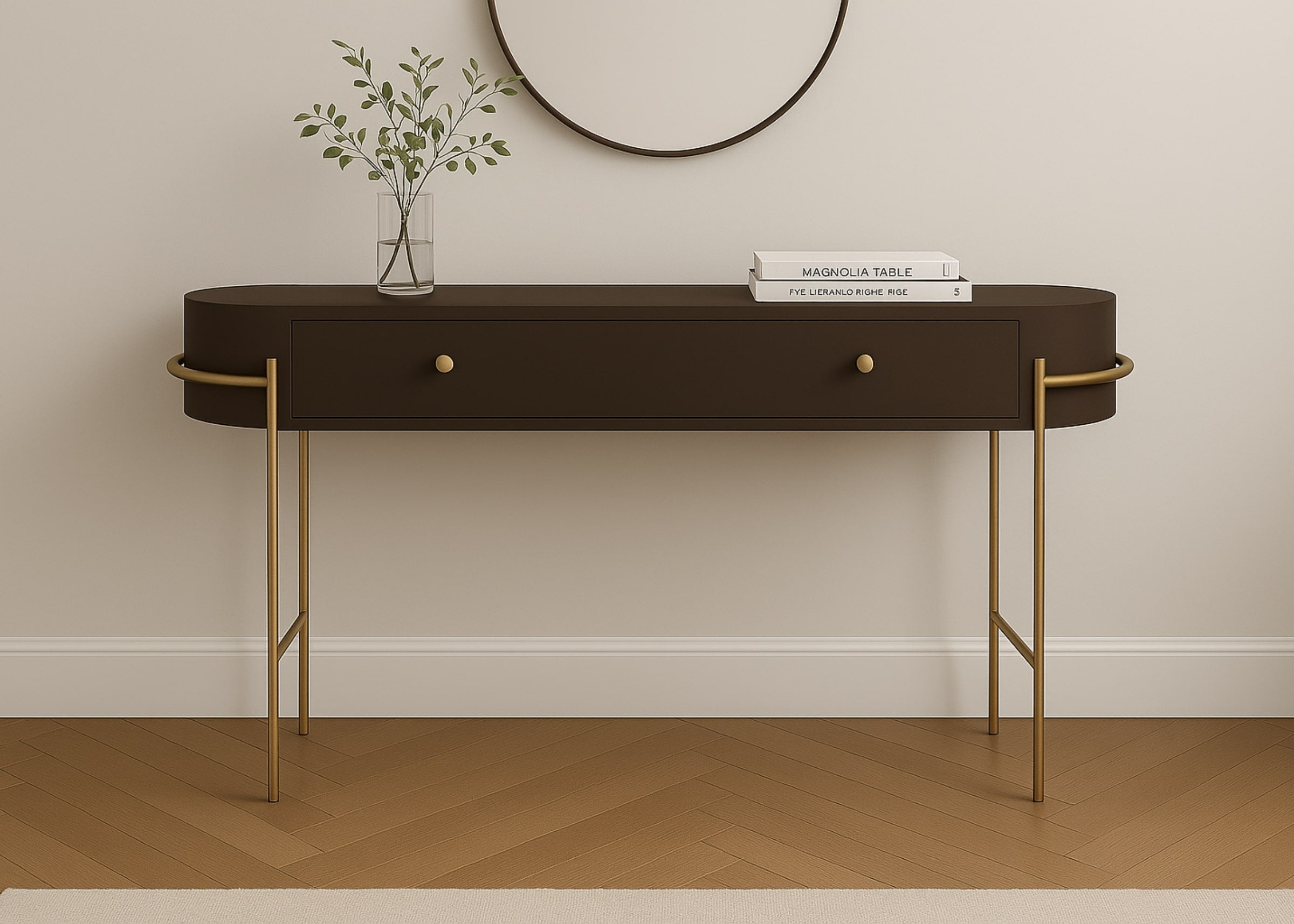 Aparador Donatello com tampo em laca fosca cor chocolate e estrutura metálica dourada. Móvel moderno e sofisticado para decoração de interiores.