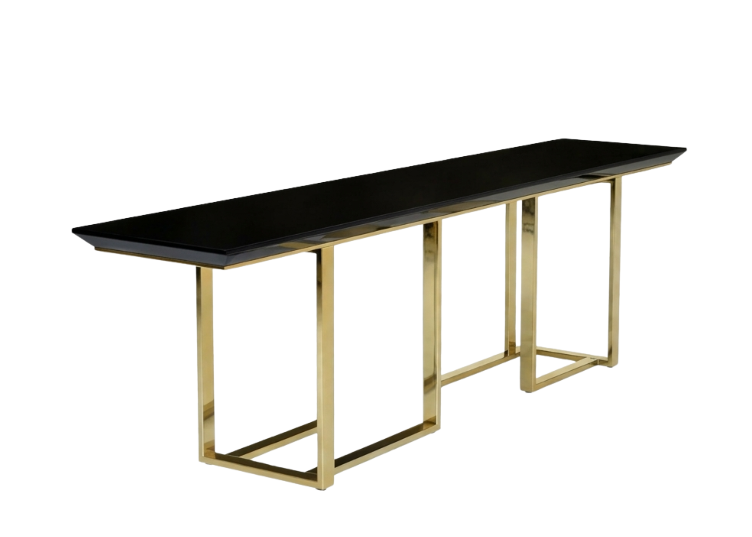 Aparador elegante Lizzie em vidro preto e estrutura metálica dourada, perfeito para decoração refinada.