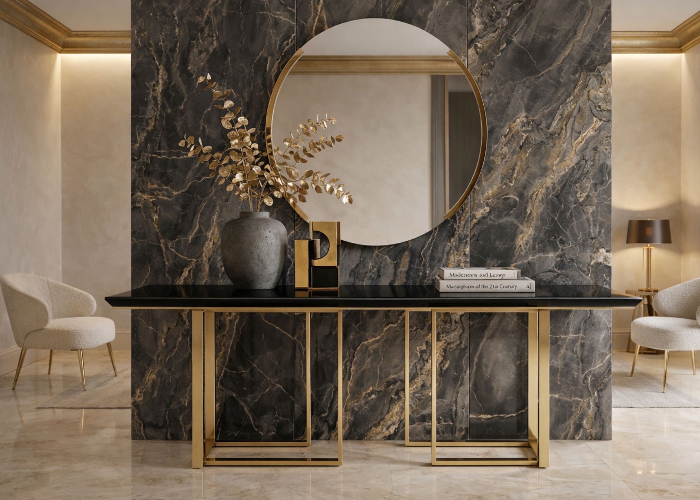 Aparador moderno com estrutura metálica dourada e tampo refinado, ideal para compor ambientes contemporâneos com elegância e estilo