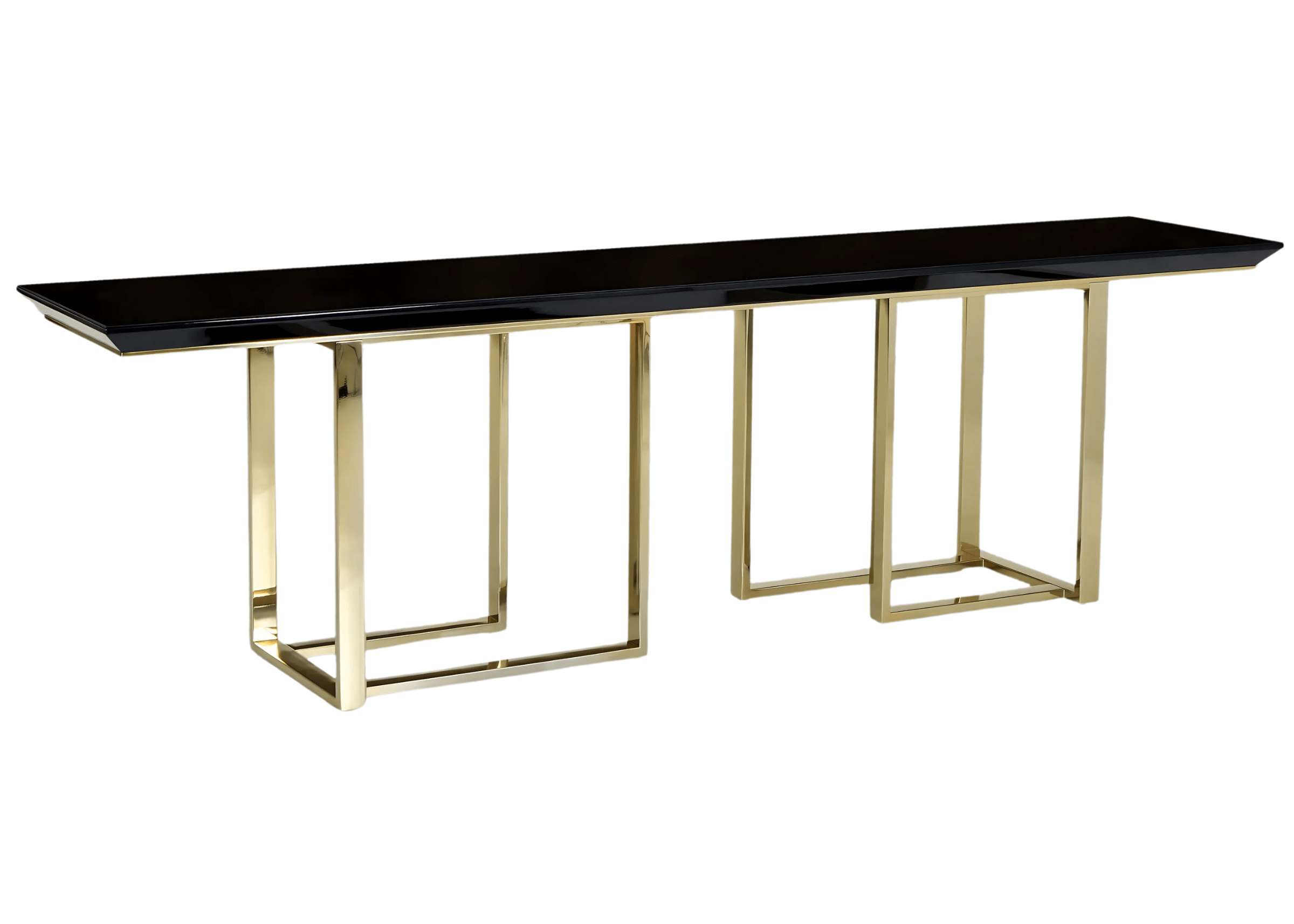 Aparador de luxo Lizzie com design geométrico e acabamento em vidro preto e aço inox dourado.