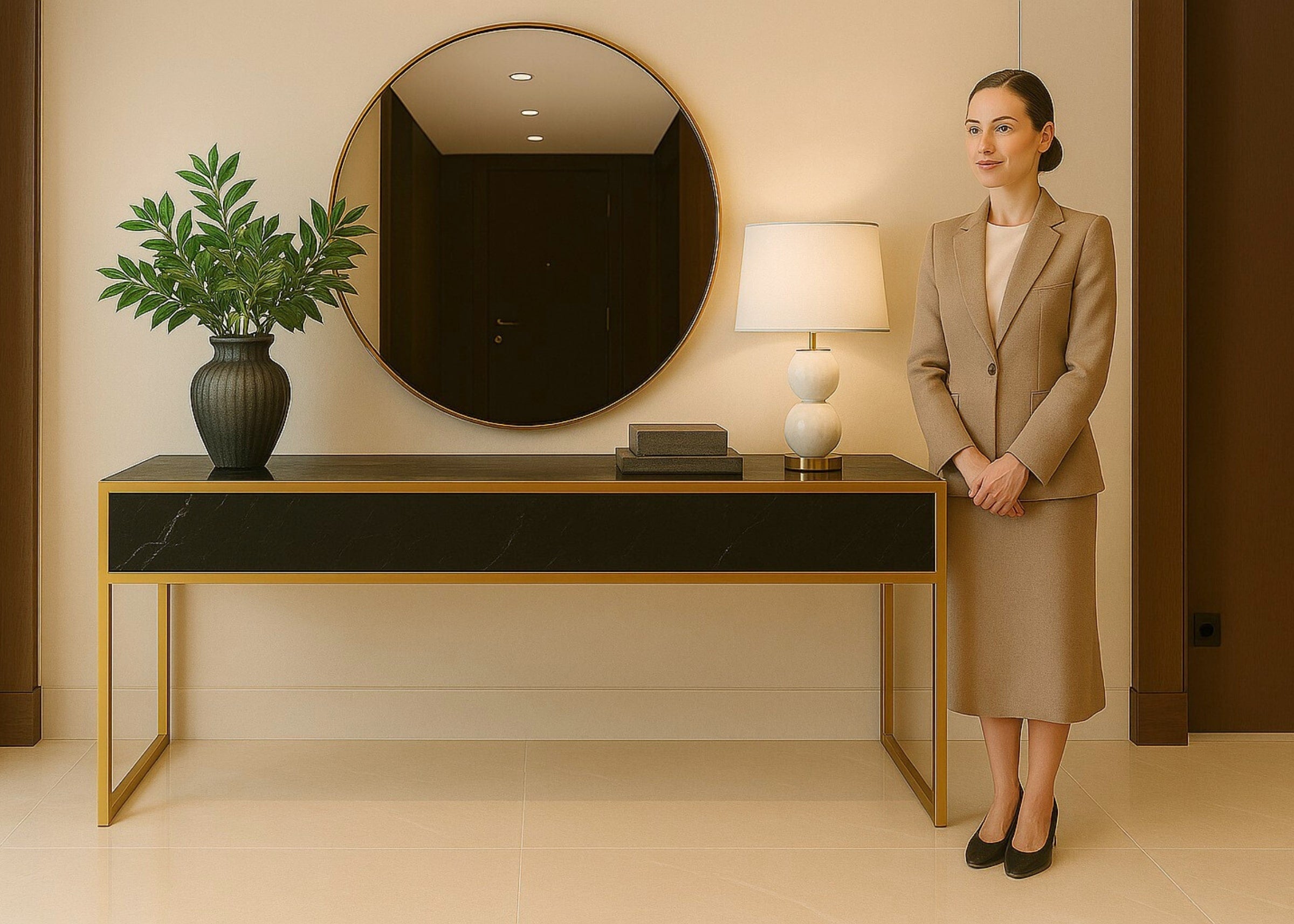 Aaparador Paris em ambiente sofisticado, com estrutura em aço inox dourado e tampo em vidro marmorizado preto nero. Perfeito para halls de entrada, salas de estar ou ambientes corporativos.