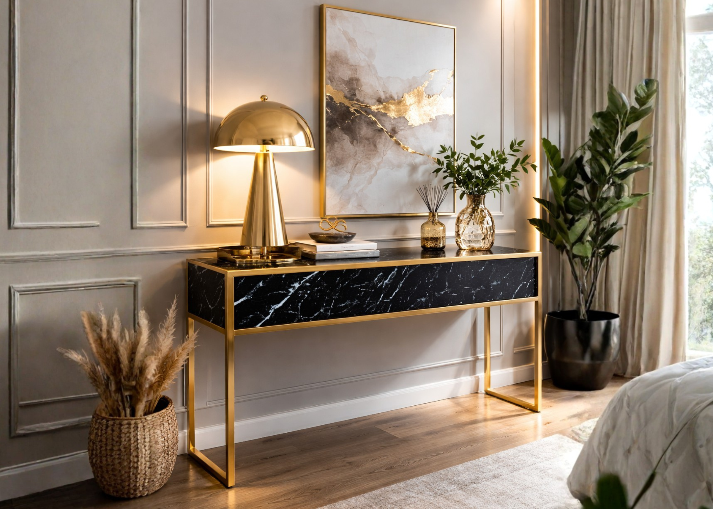 Aparador Paris em ambiente sofisticado, com estrutura em aço inox dourado e tampo em vidro marmorizado preto nero. Perfeito para halls de entrada, salas de estar ou ambientes corporativos.