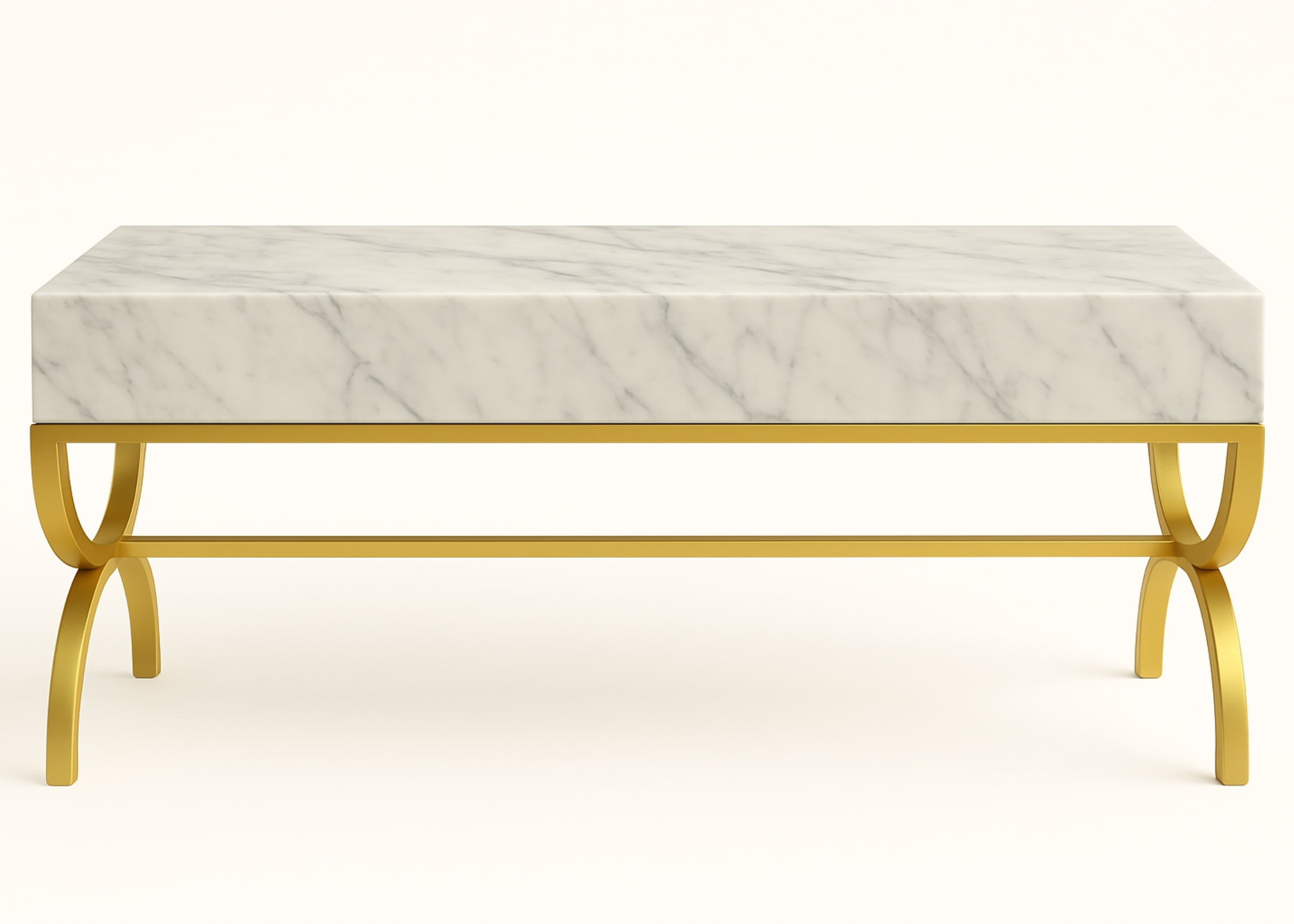 Aparador de luxo com base dourada em aço inox e tampo marmorizado Carrara. Ideal para composições refinadas.