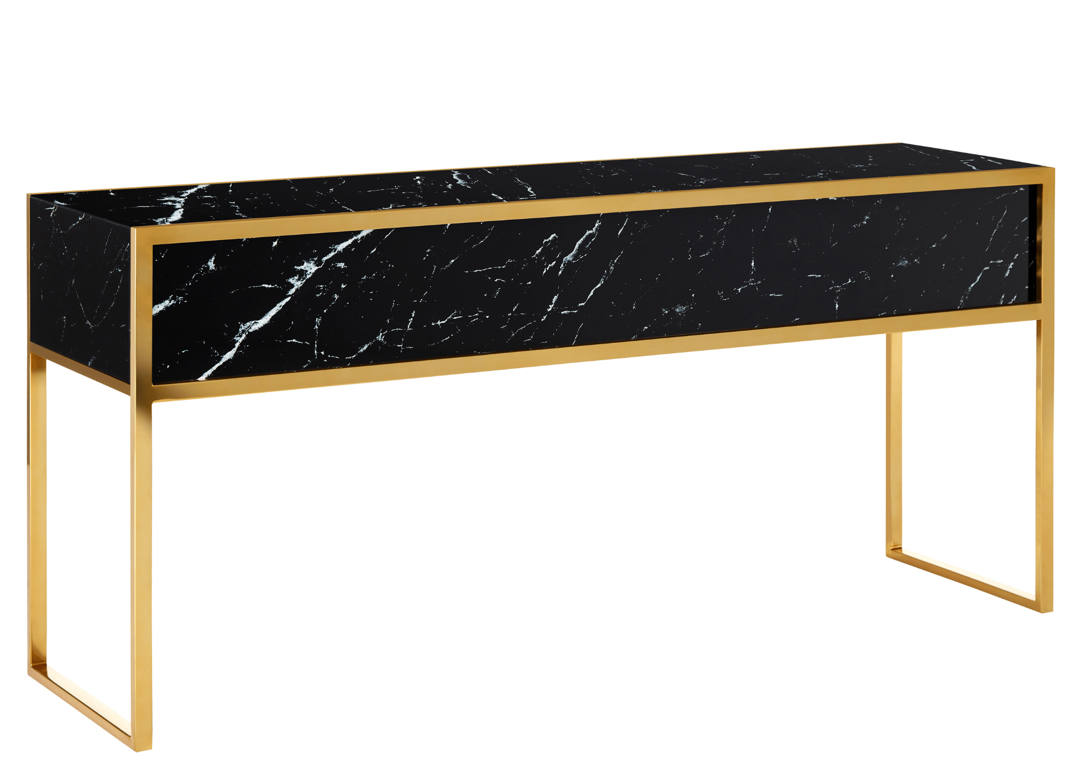 Aparador Paris com estrutura em aço inox e tampo em vidro marmorizado. Disponível em 4 tamanhos e acabamentos personalizáveis.