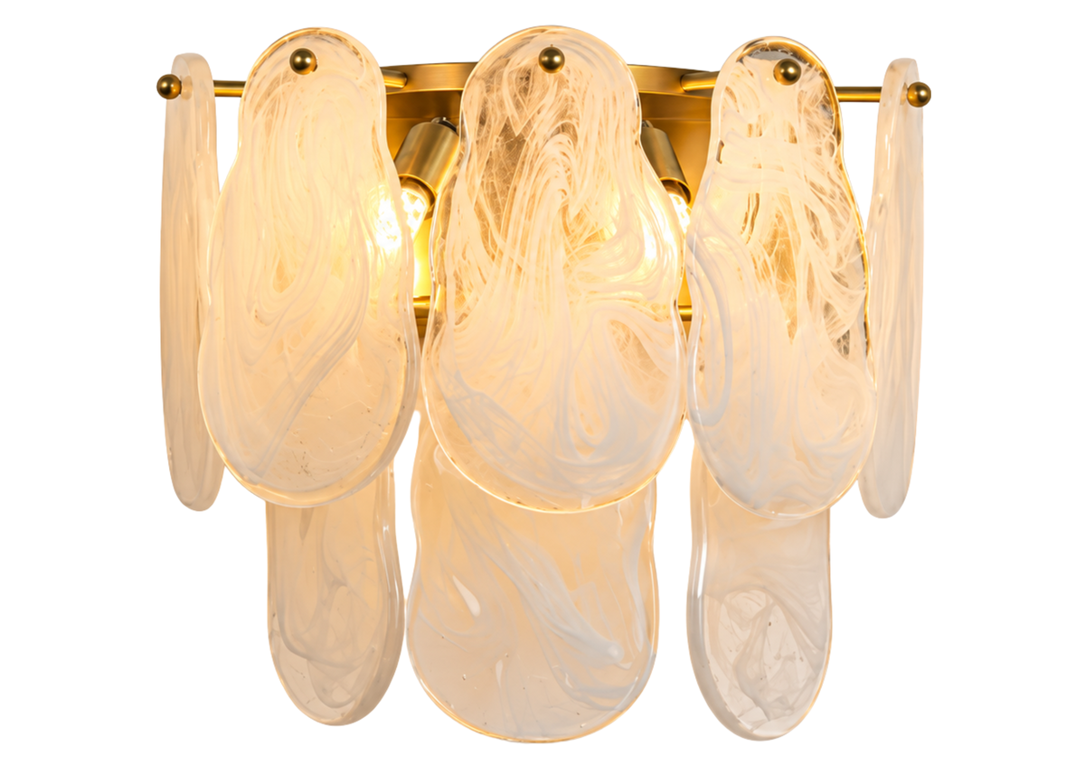 Arandela 7119 com detalhes em metal dourado e difusores em vidro, ideal para proporcionar iluminação elegante e valorizar a decoração de ambientes sofisticados.