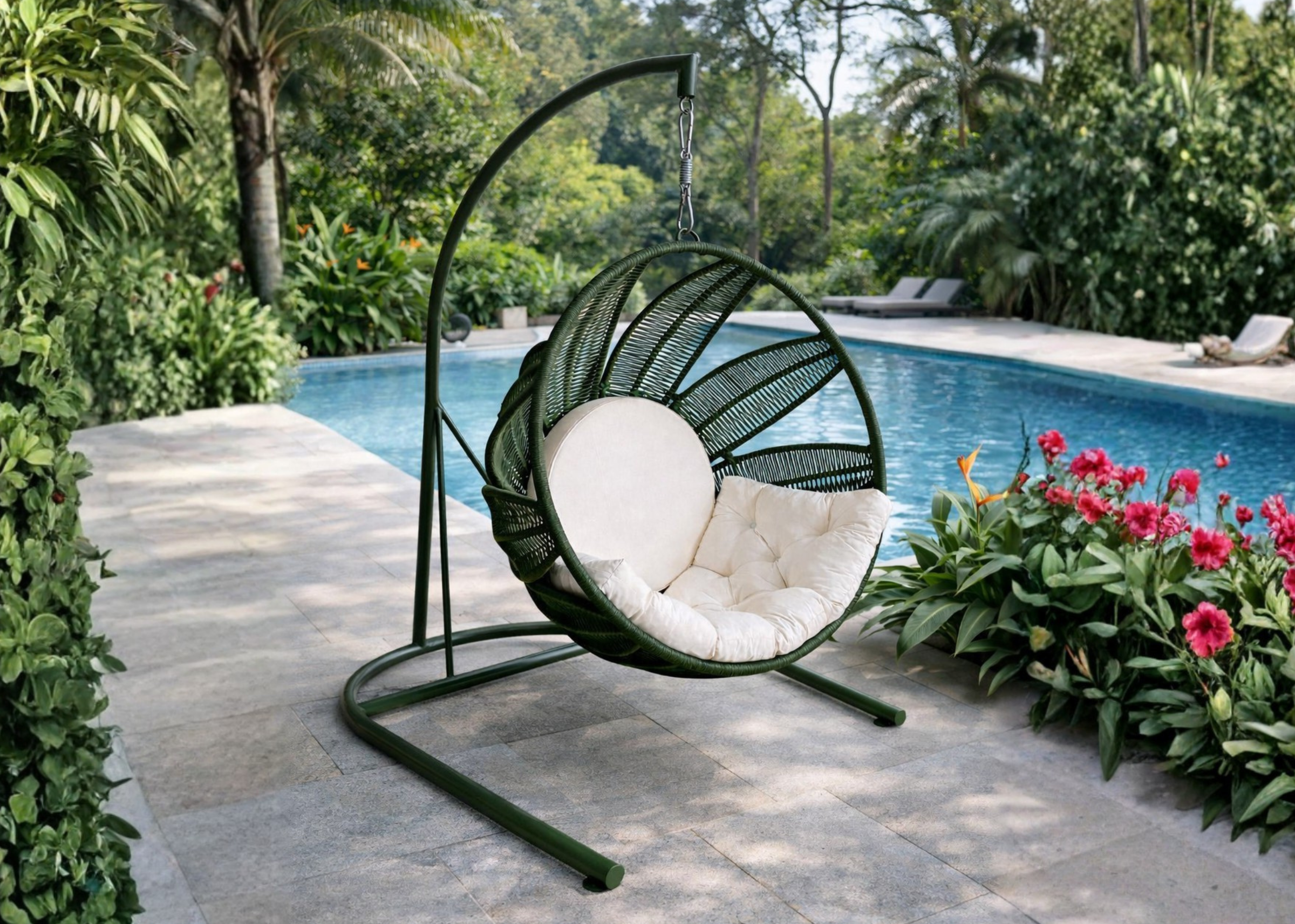 Balanço Tropical para área externa sem suporte, confeccionado em alumínio e corda náutica, indicado para ambientes externos sofisticados.