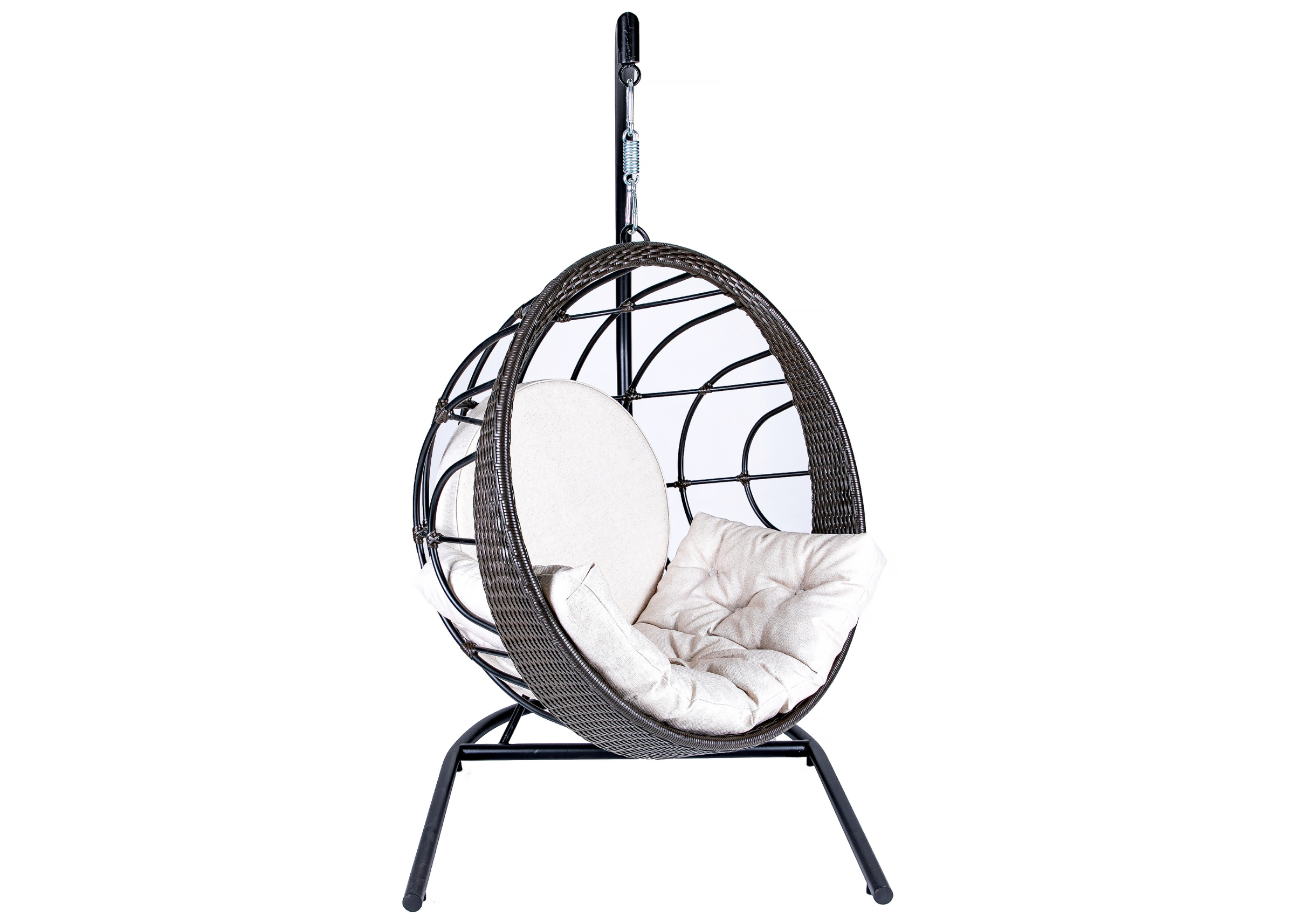 Balanço Madri com suporte em alumínio revestido em fibra sintética marrom e estofado off white, indicado para ambientes externos elegantes.