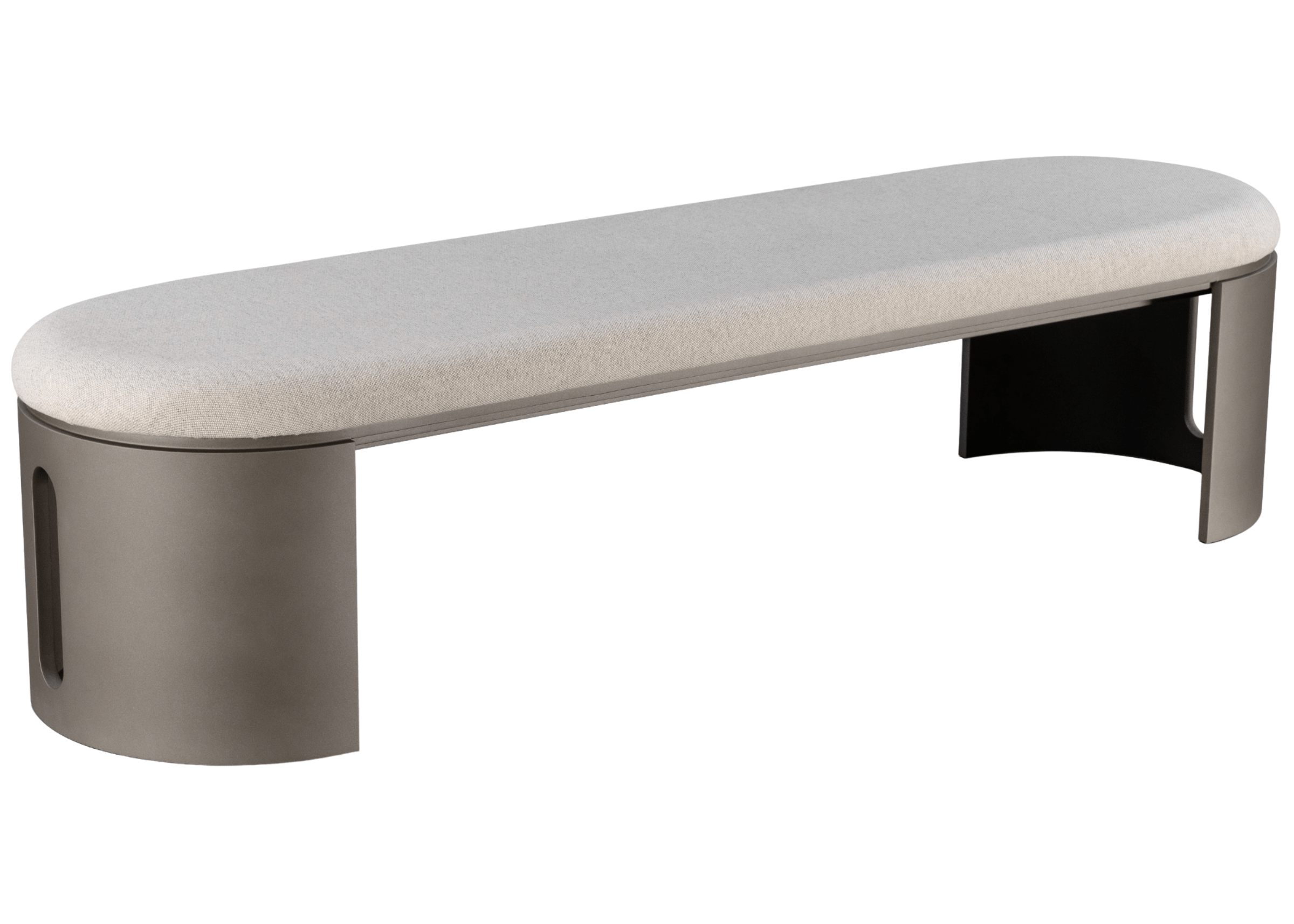 Banco modelo Duck de três lugares com revestimento em bouclé off-white. Peça ampla e elegante, ideal para ambientes modernos, apresentada sobre fundo neutro.