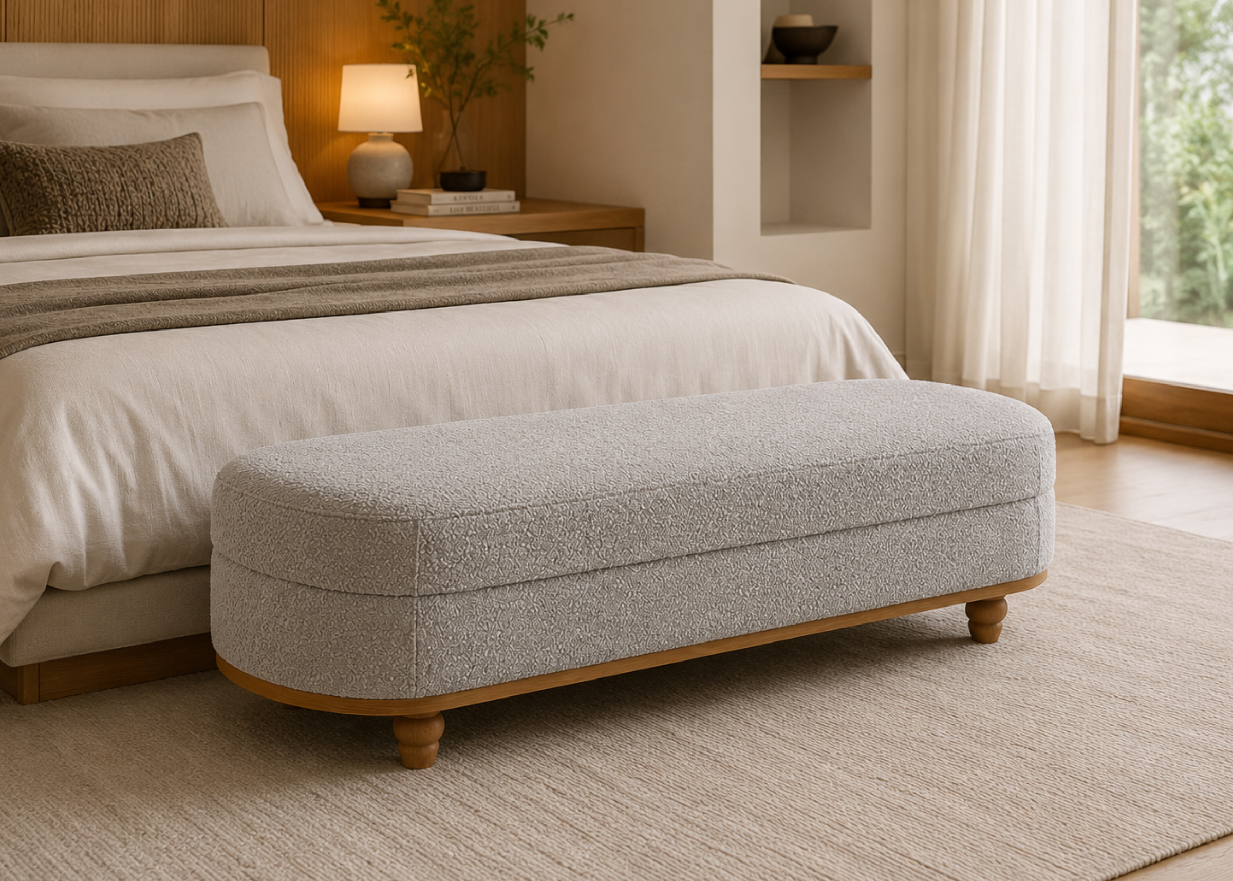 Banco Fiore estofado em bouclé off white com estrutura em madeira, apresentando design elegante e funcional para ambientes contemporâneos.