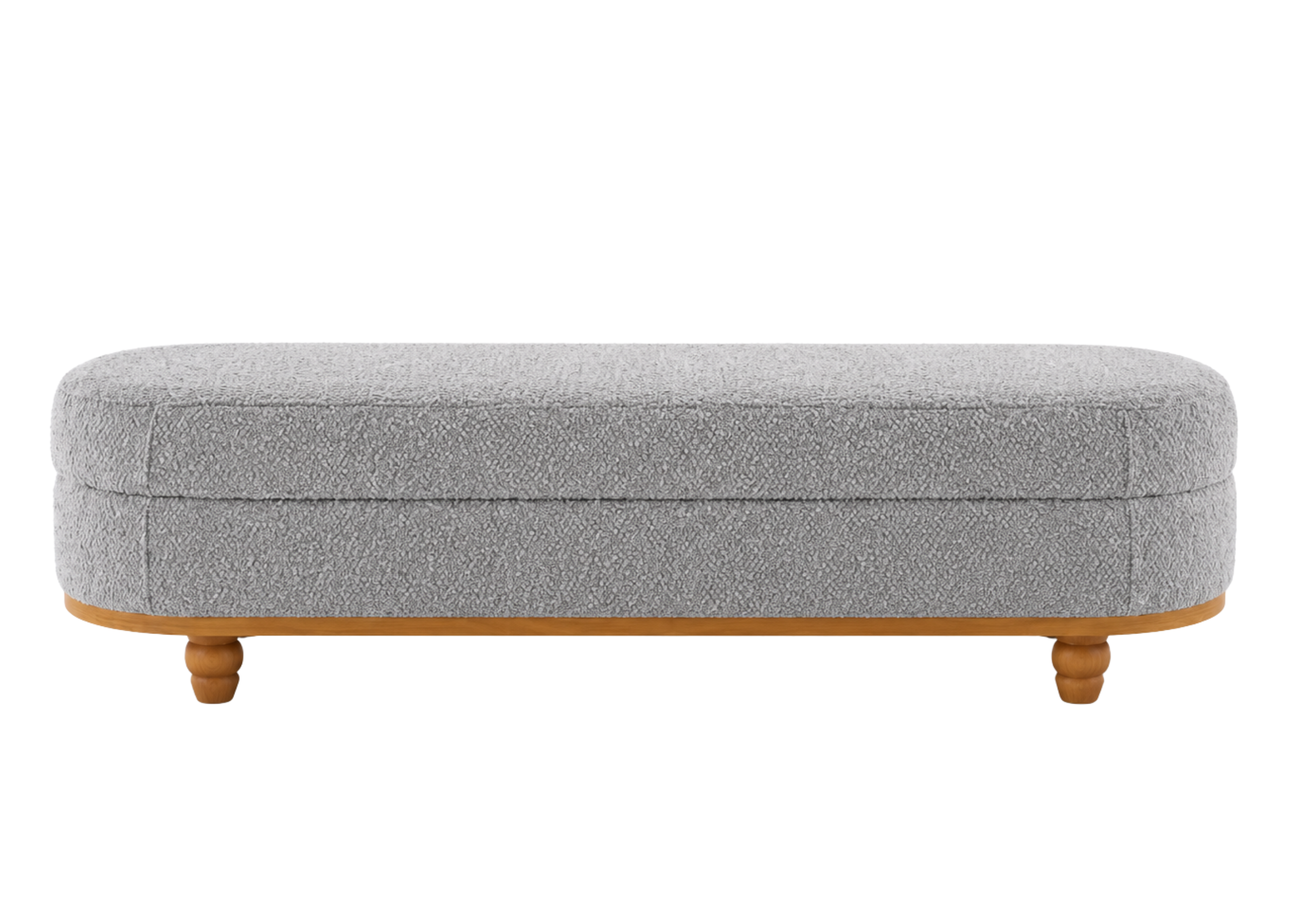 Banco modelo Fiore em madeira natural com revestimento em bouclé off white, ideal para compor espaços modernos e acolhedores.