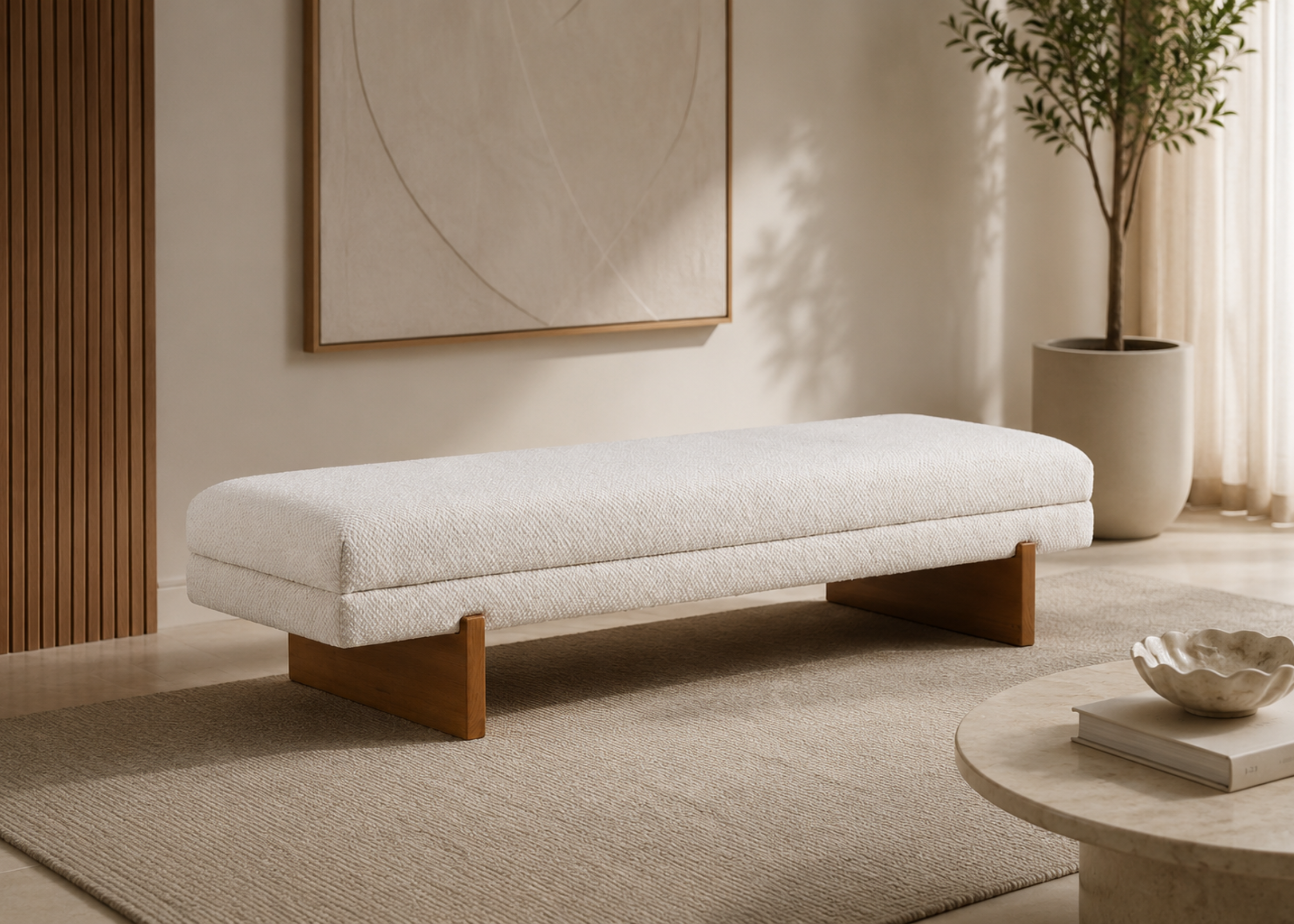 Banco Libella com assento estofado em linho branco e base em madeira, ideal para compor ambientes contemporâneos e refinados.