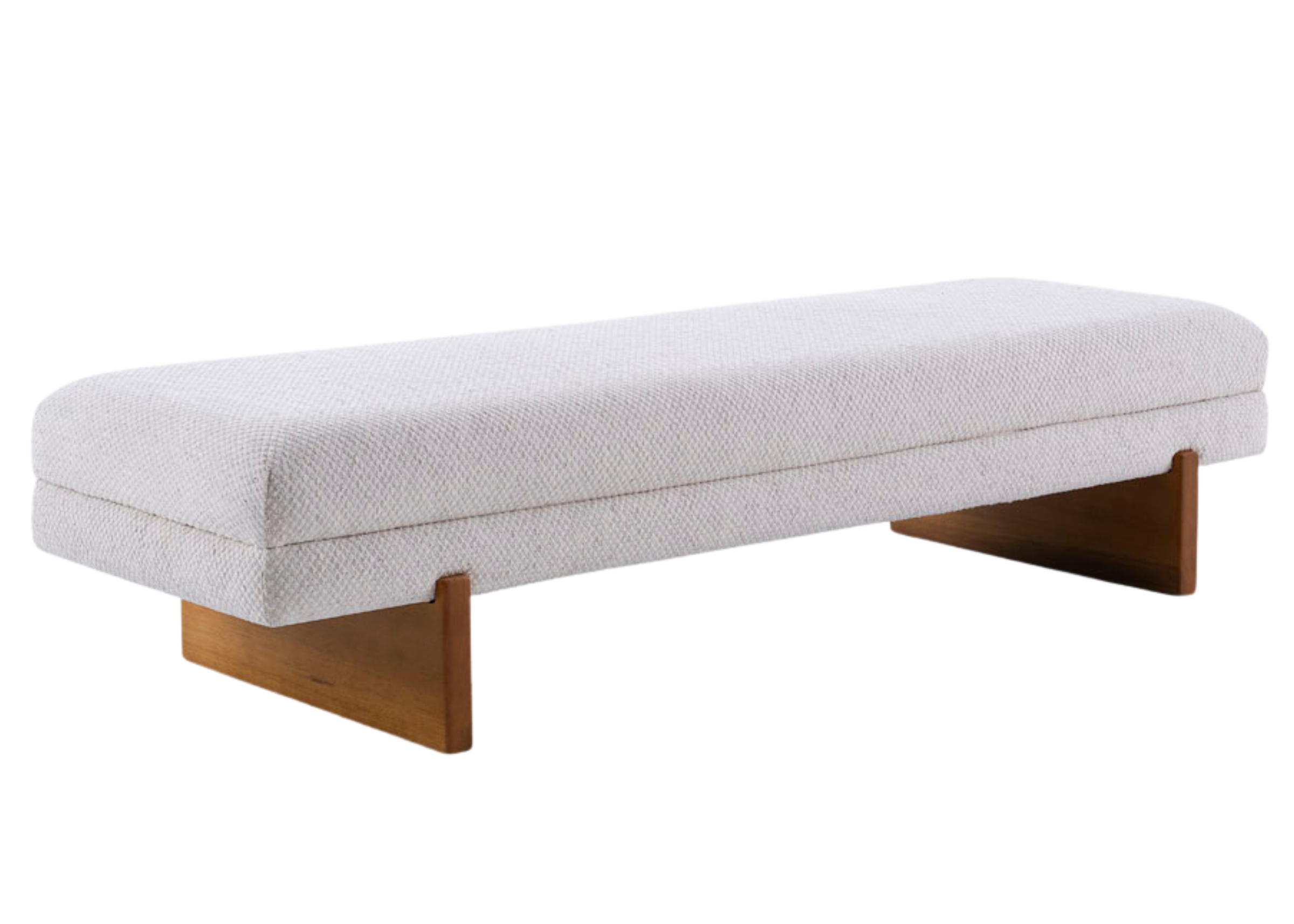 Banco Libella com pés em madeira e assento estofado em linho branco, apresentando design elegante e sofisticado para ambientes modernos.
