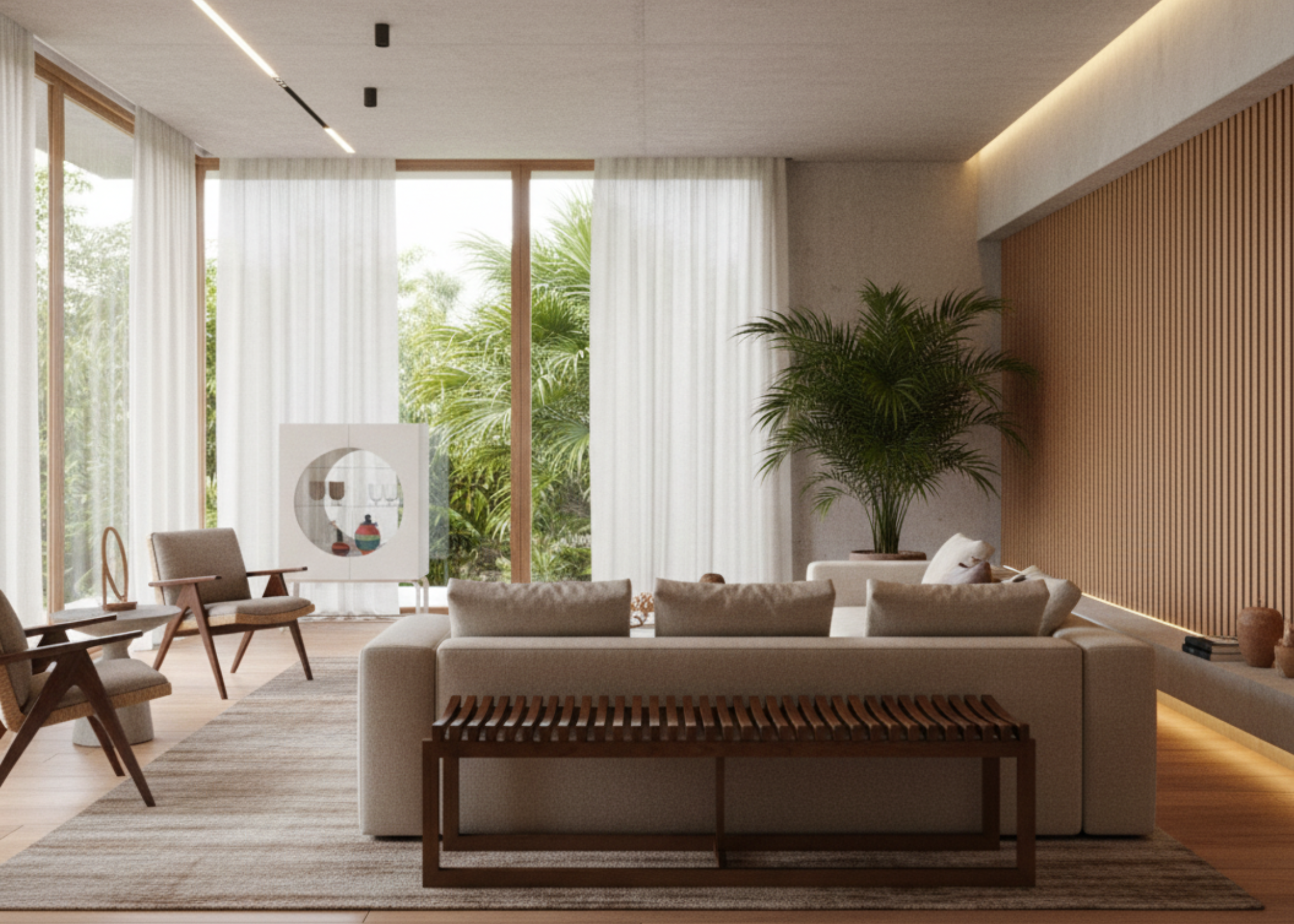 Banco moderno modelo Ripado em madeira, design ripado contemporâneo, ideal para salas de estar elegantes e sofisticadas.