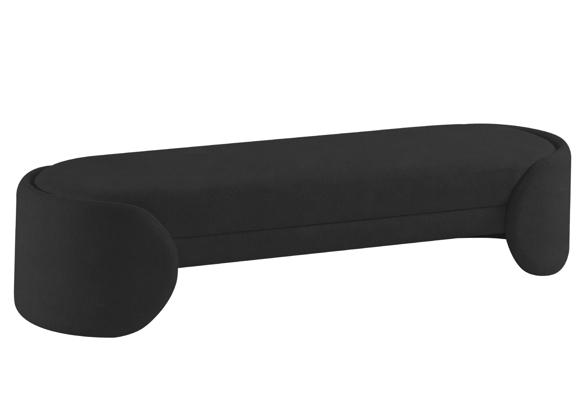 Banco Tulipa totalmente revestido em bouclé preto, apresentando design moderno e sofisticado, ideal para compor ambientes elegantes e refinados.