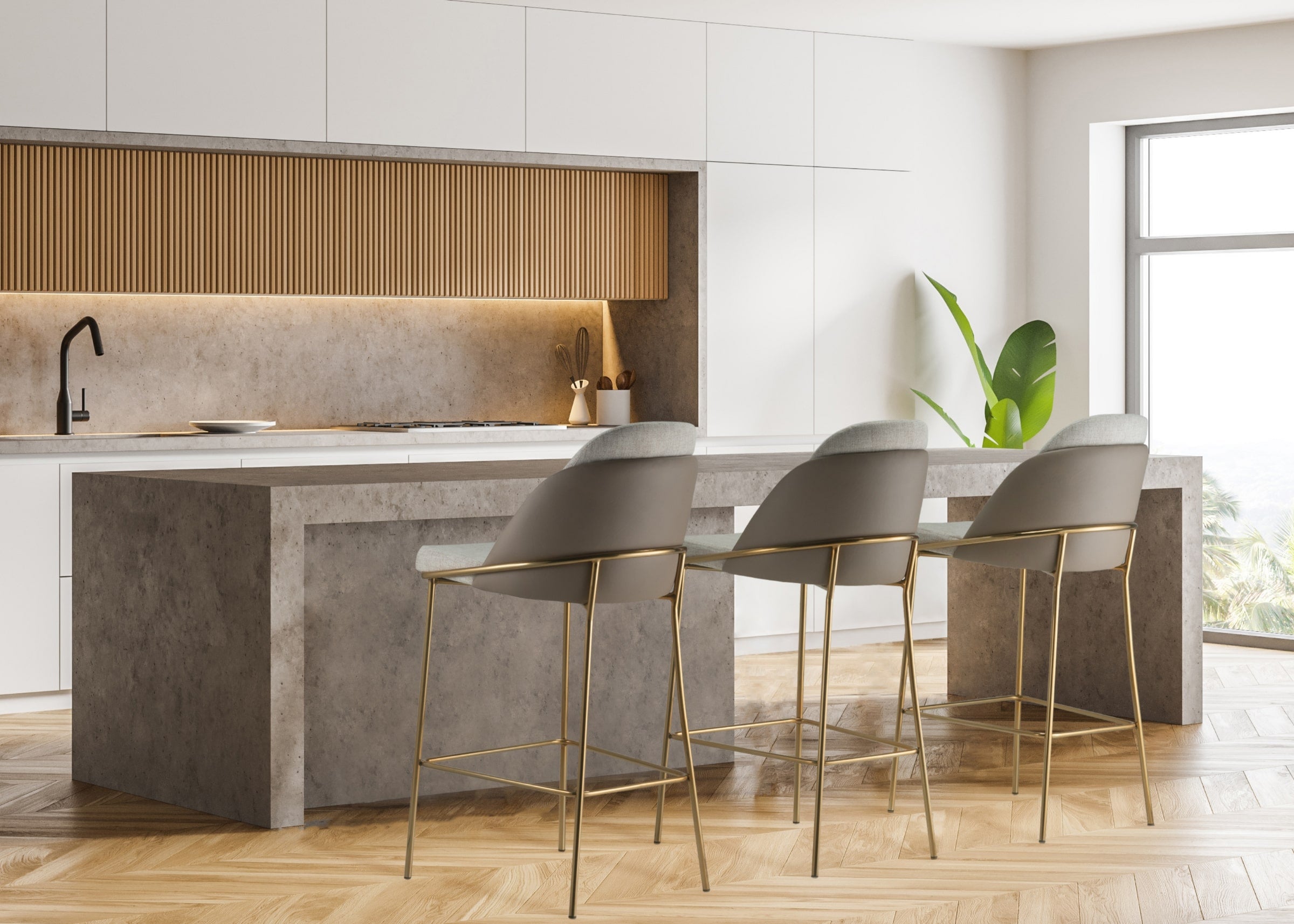 Banqueta Green alta e moderna, com revestimento em couríssimo cinza e design sofisticado que valoriza espaços contemporâneos com elegância.