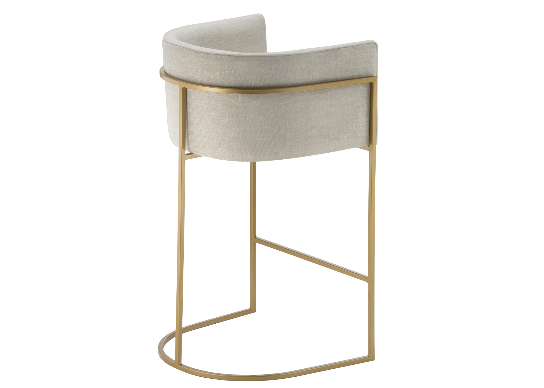 Banqueta alta Maria moderna em linho claro com estrutura em aço carbono dourado.