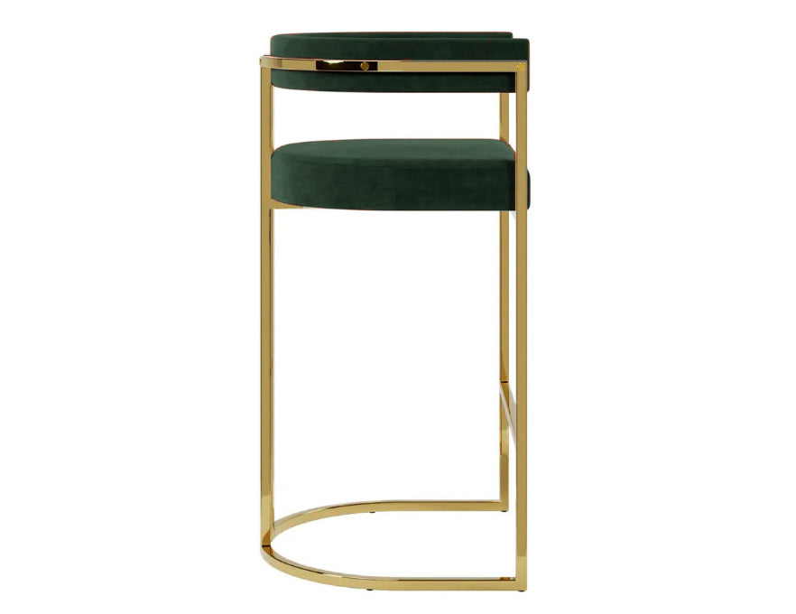 Banqueta de alto padrão Eldorado com estofado veludo e base dourada para bancada gourmet.
