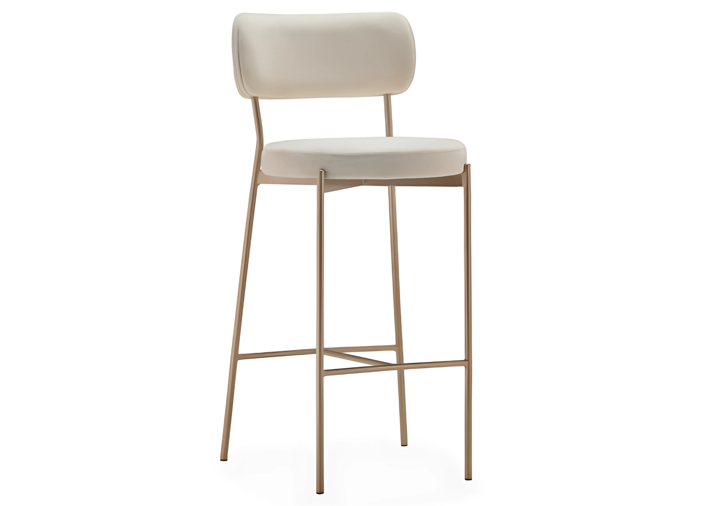 Banqueta Anallu, sofisticada e elegante, com revestimento em tecido off-white que adiciona charme e requinte a ambientes contemporâneos.