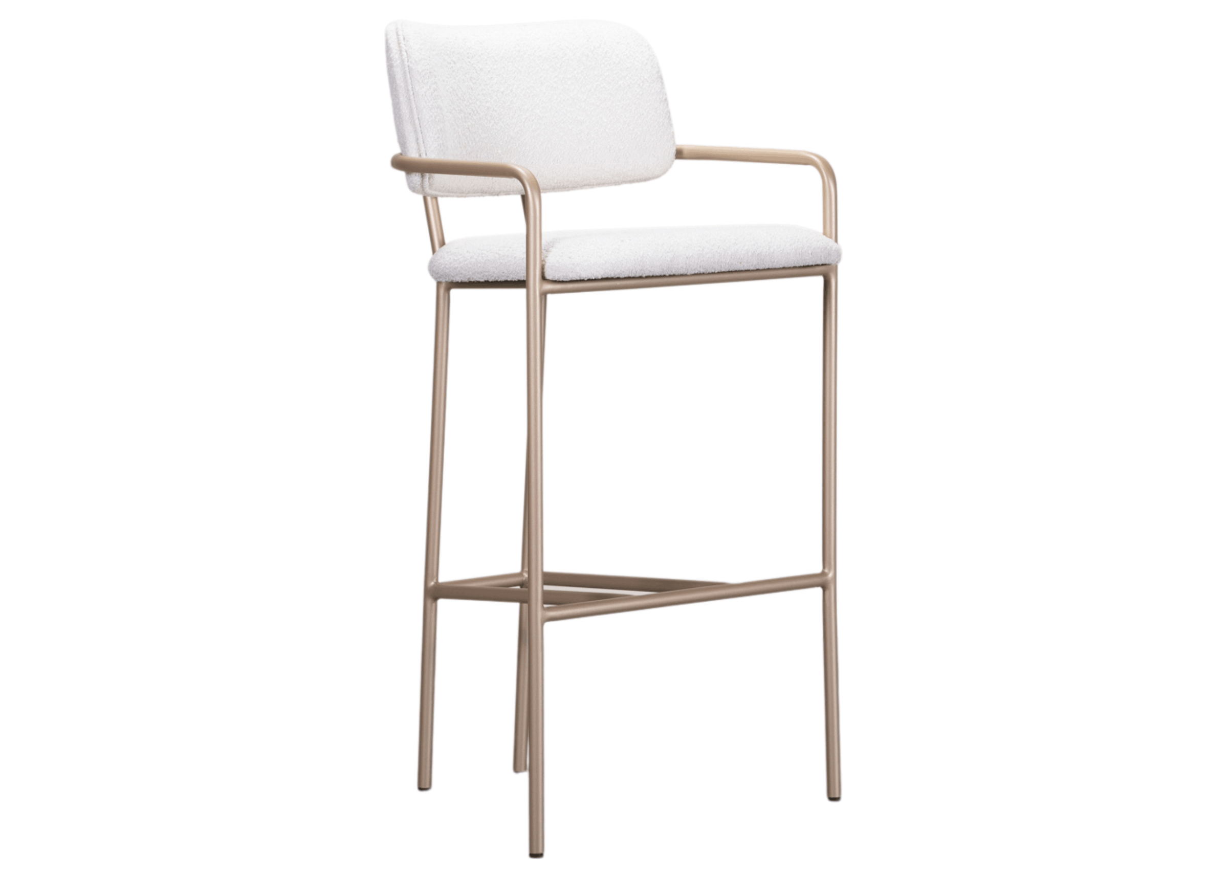 Banqueta Antonia alta com estrutura em metal champagne e assento estofado em tecido branco, design moderno para área gourmet.