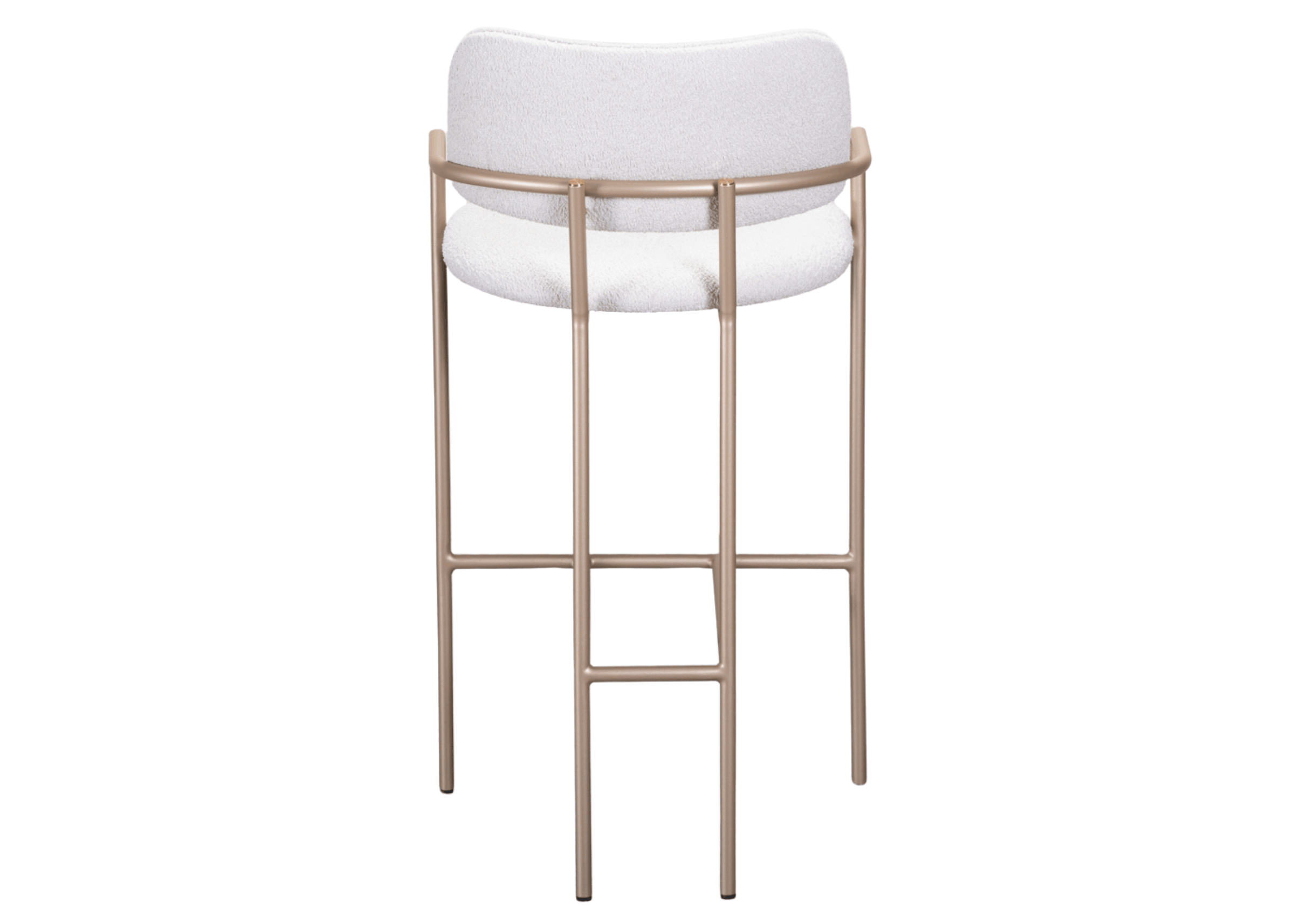 Banqueta Antonia vista traseira com encosto estofado e estrutura tubular em metal, modelo sofisticado e confortável.
